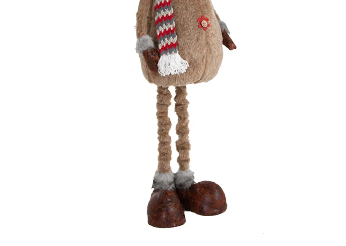 A soft brown reindeer with telescopic legs from EZ Livings Noel range. Front view of reindeer with scandi hat and scarf