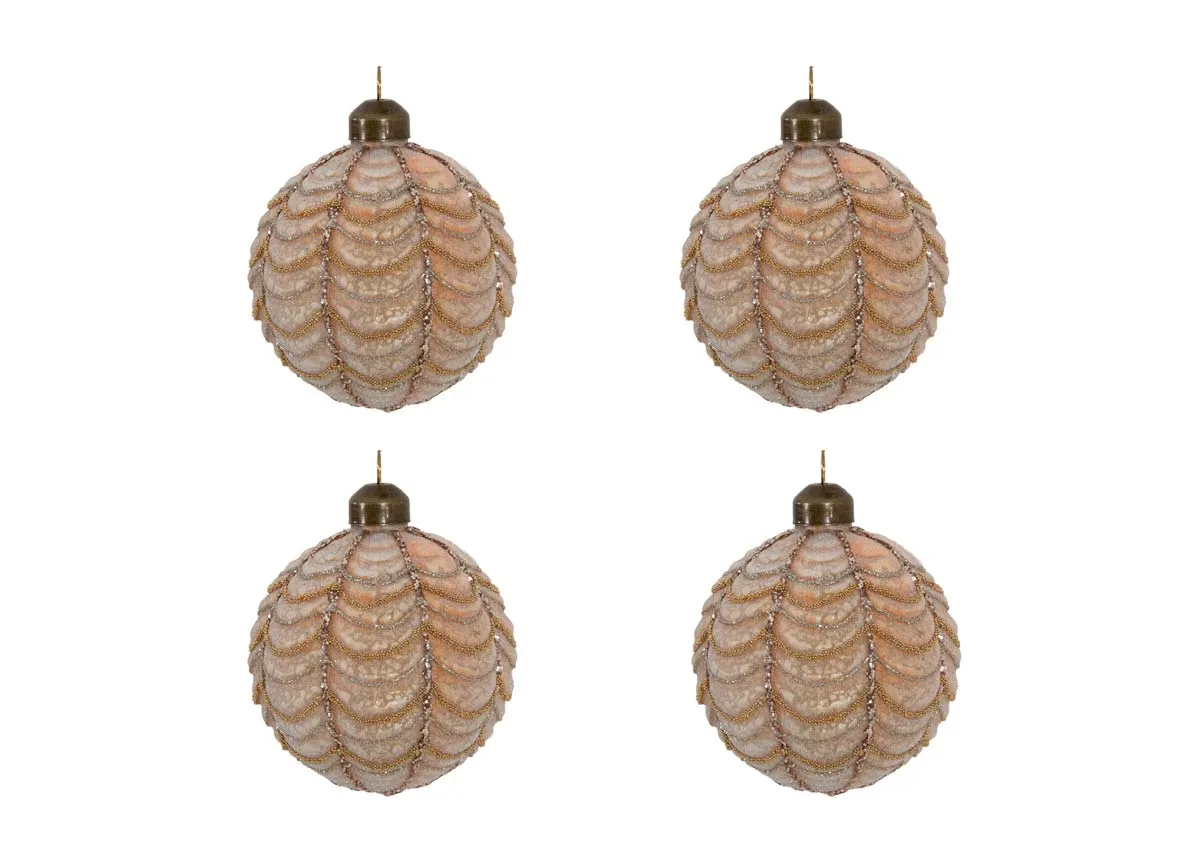 A set of 4 brown baubles with gold glitter draping from EZ Livings Christmas range. Front view of 4 baubles in set.