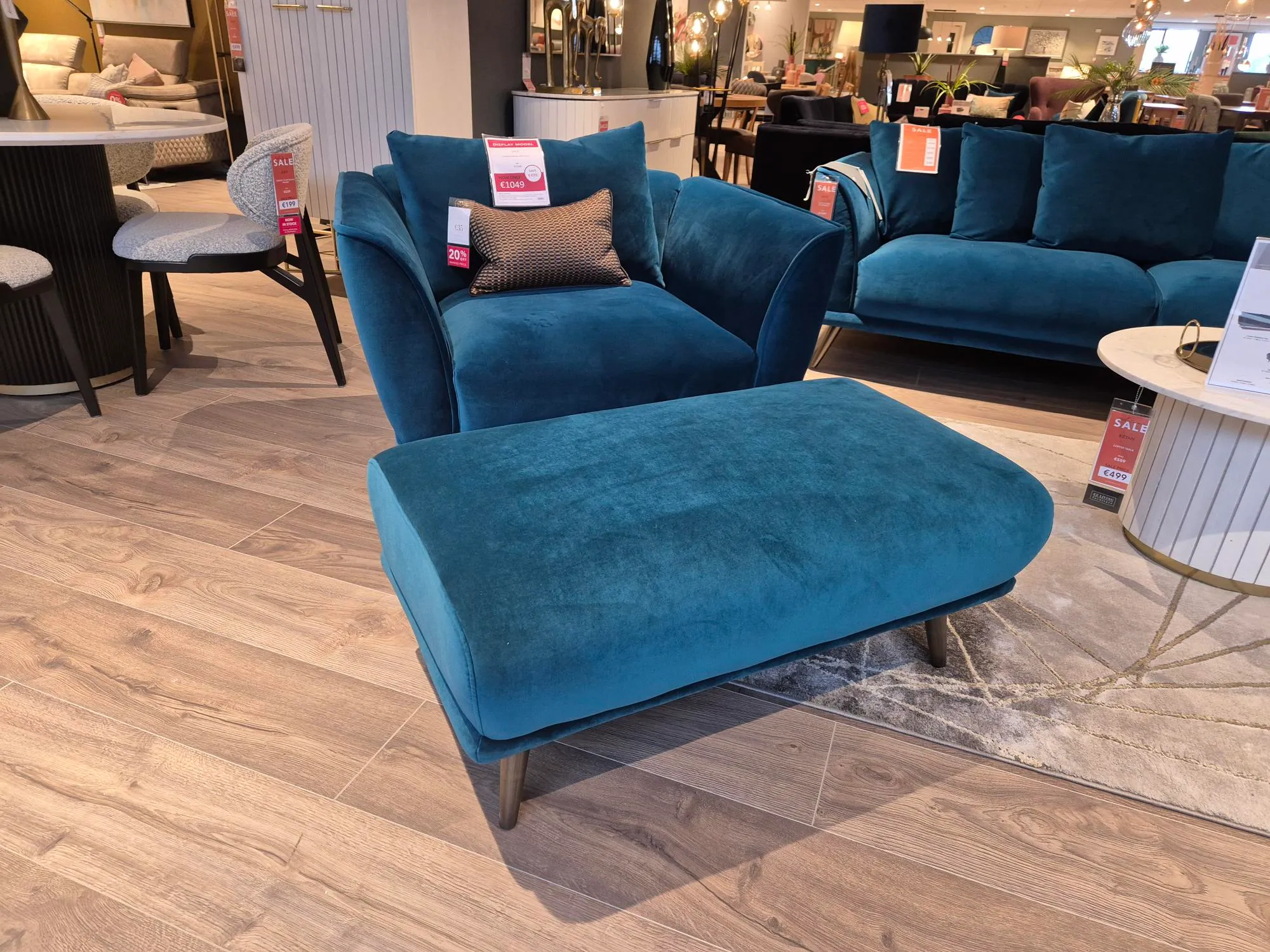 Katie Teal Velvet Cuddler & Footstool (Castlebar Floor Model)