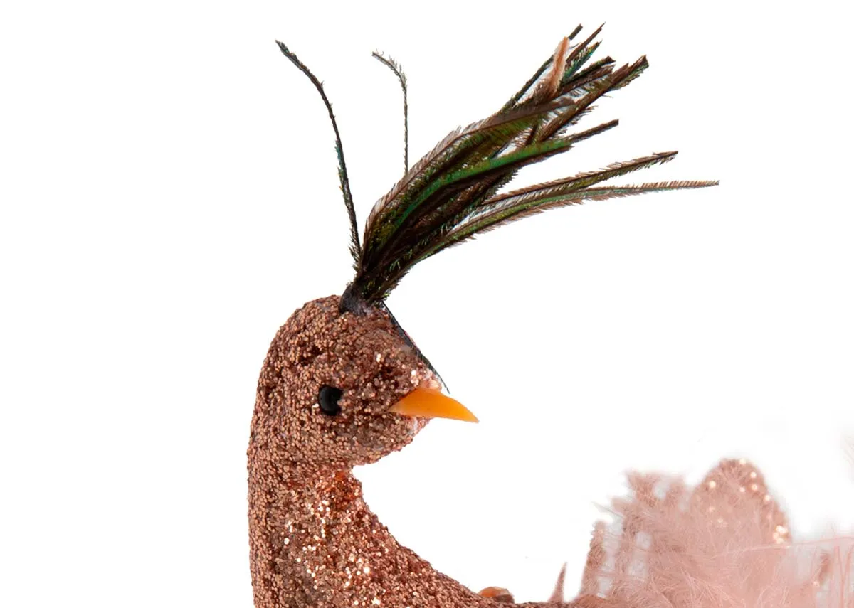 A pink champagne feather peacock decoration from EZ Livings Christmas range. Closeup of sparkling face