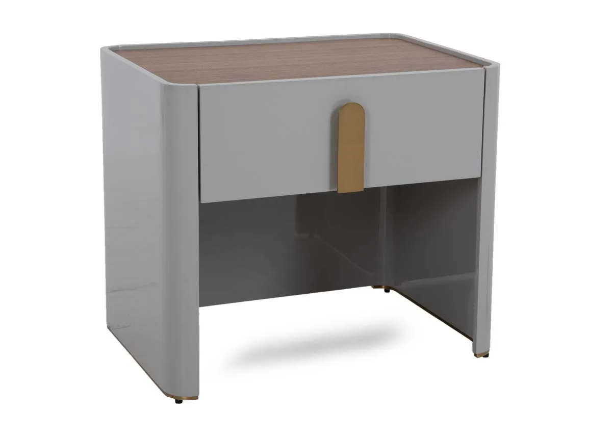 A grey 1 drawer locker from EZ Livings Islay range. Angled view of walnut top
