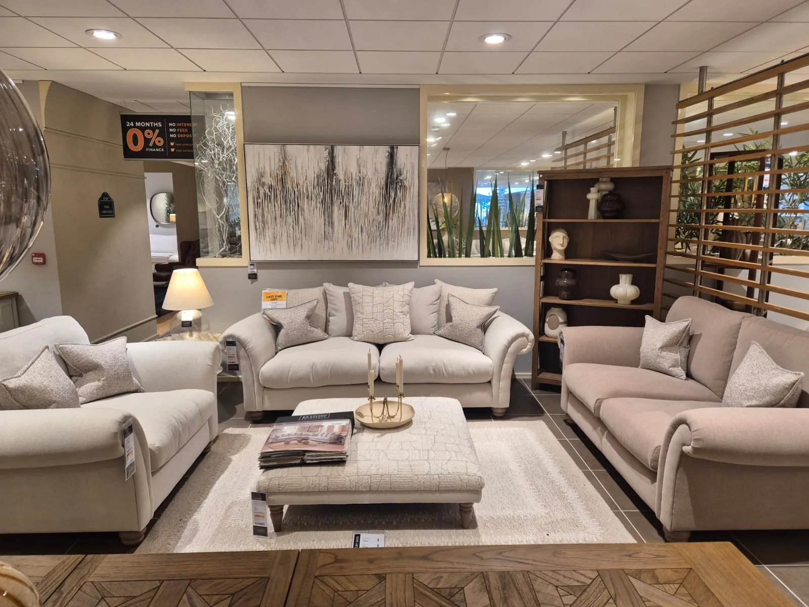 Paloma Large Light Brown Fabric Pillowback Sofa & 2 Seater Highback Sofa & Highback Cuddler & Square Footstool (Sligo Floor Model)