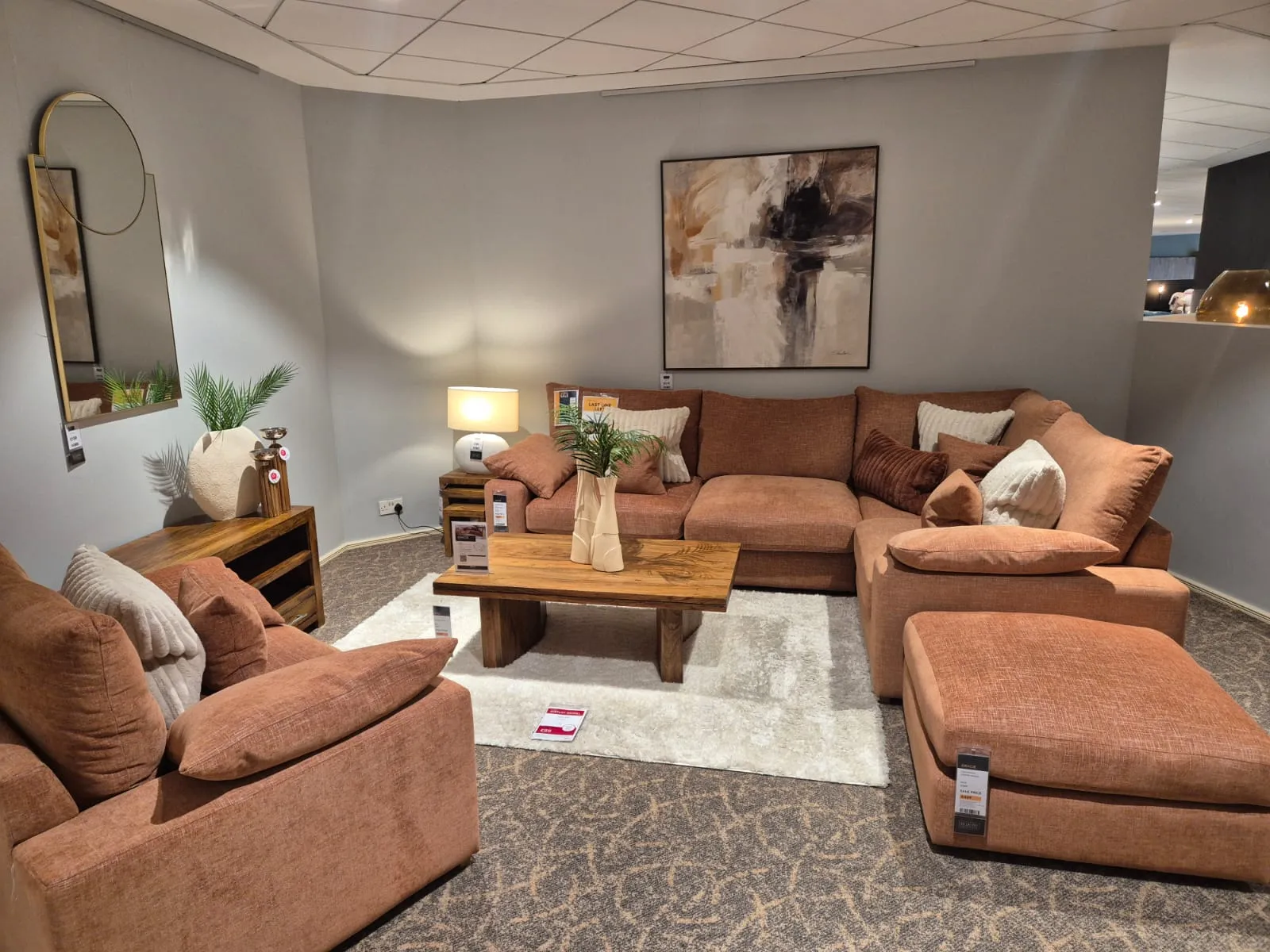 Gracie Rust Orange Fabric LHF Corner Sofa & Rust Orange Fabric Armchair & Rust Orange Fabric Footstool (Sligo Floor Model)