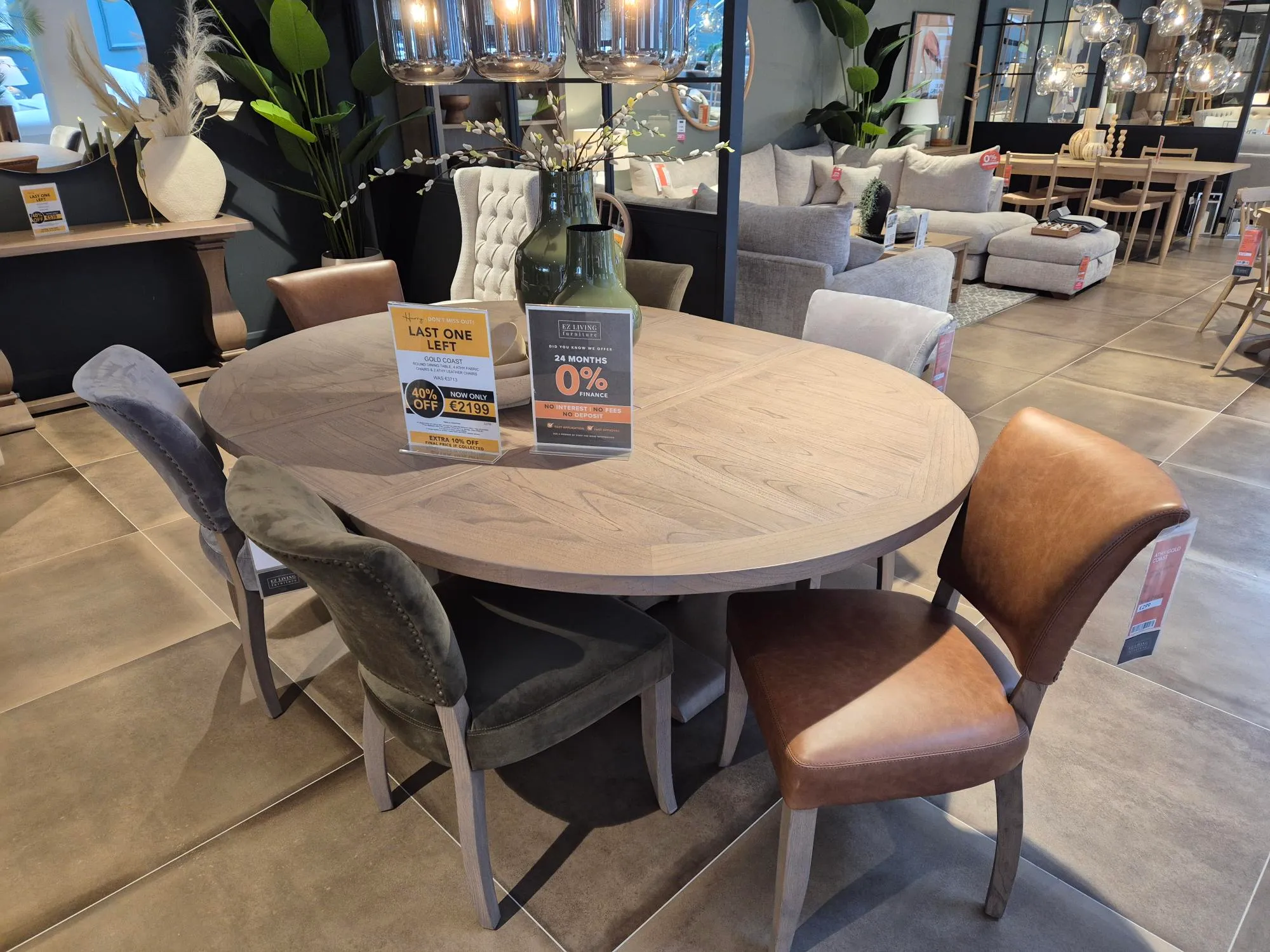 Gold Coast 150cm-200cm Round Vintage Wood Extendable Dining Table & 2 x Vintage Grey Fabric Dining Chair & 2 x Tan Real Leather Dining Chair & 2 x Vintage Green Fabric Dining Chair (Castlebar Floor Model)