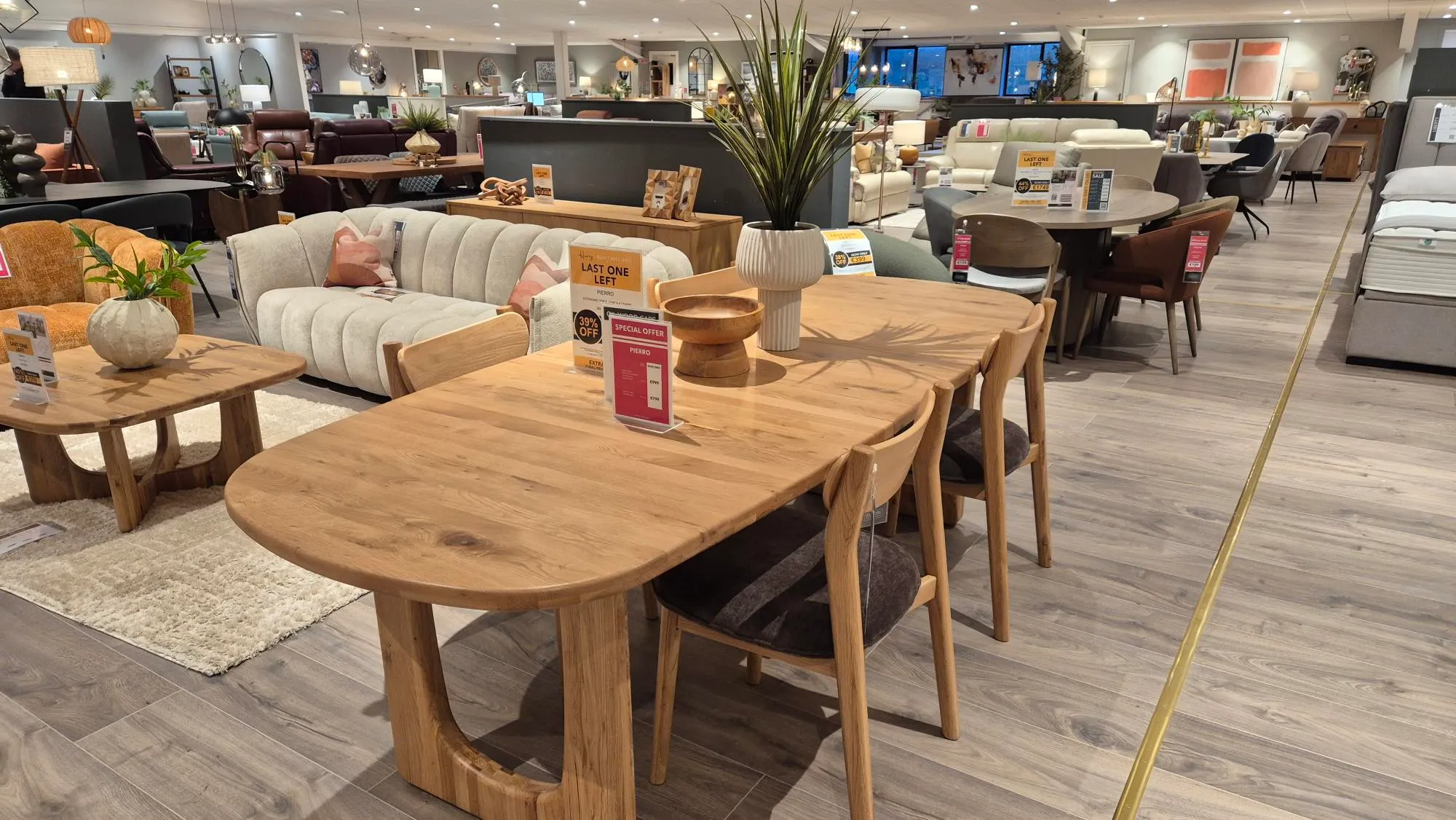 Pierro 200cm Oak Dining Table with Option to Double Extend & Oak Extension Leaf & 4 x Oak Dining Chair with Brown Fabric Seat (Castlebar Floor Model)