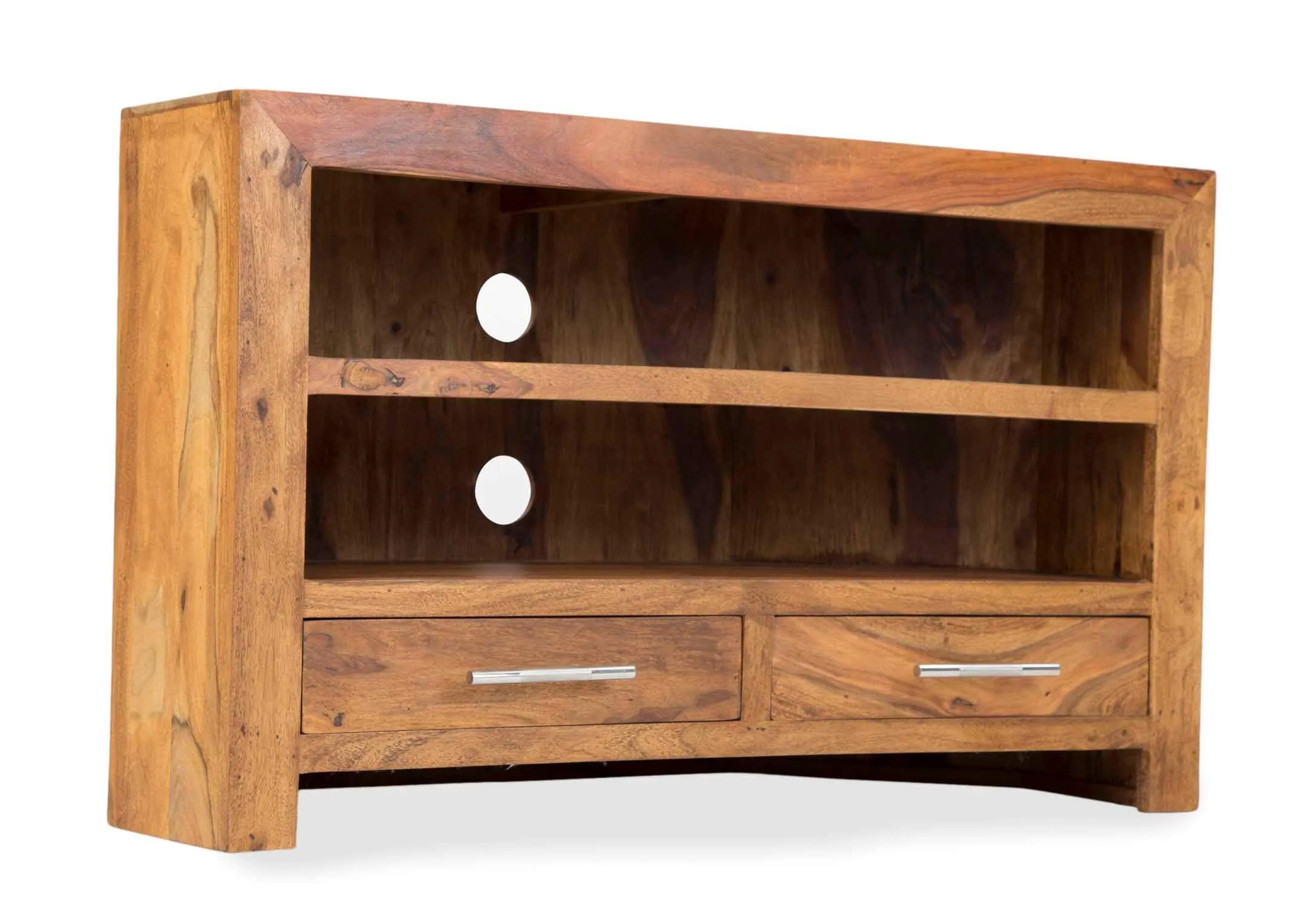 View of front and side of two-drawer sheesham wood TV corner unit India