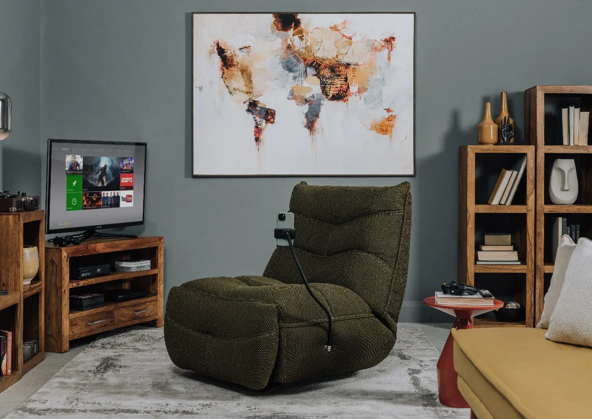 A lifestyle image of the India TV Unit with Sonic Gaming chair