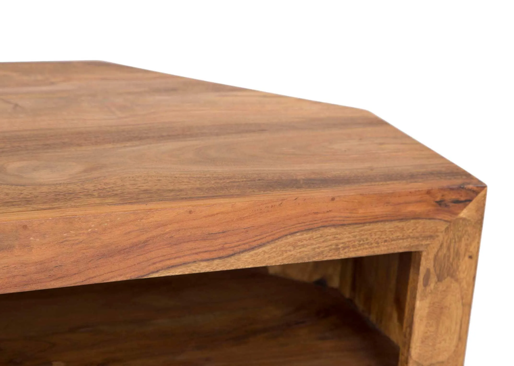 Dimension shot of two-drawer sheesham wood corner tv unit india with 60 cm (height) x 100 cm (width) x 45 cm (depth). 