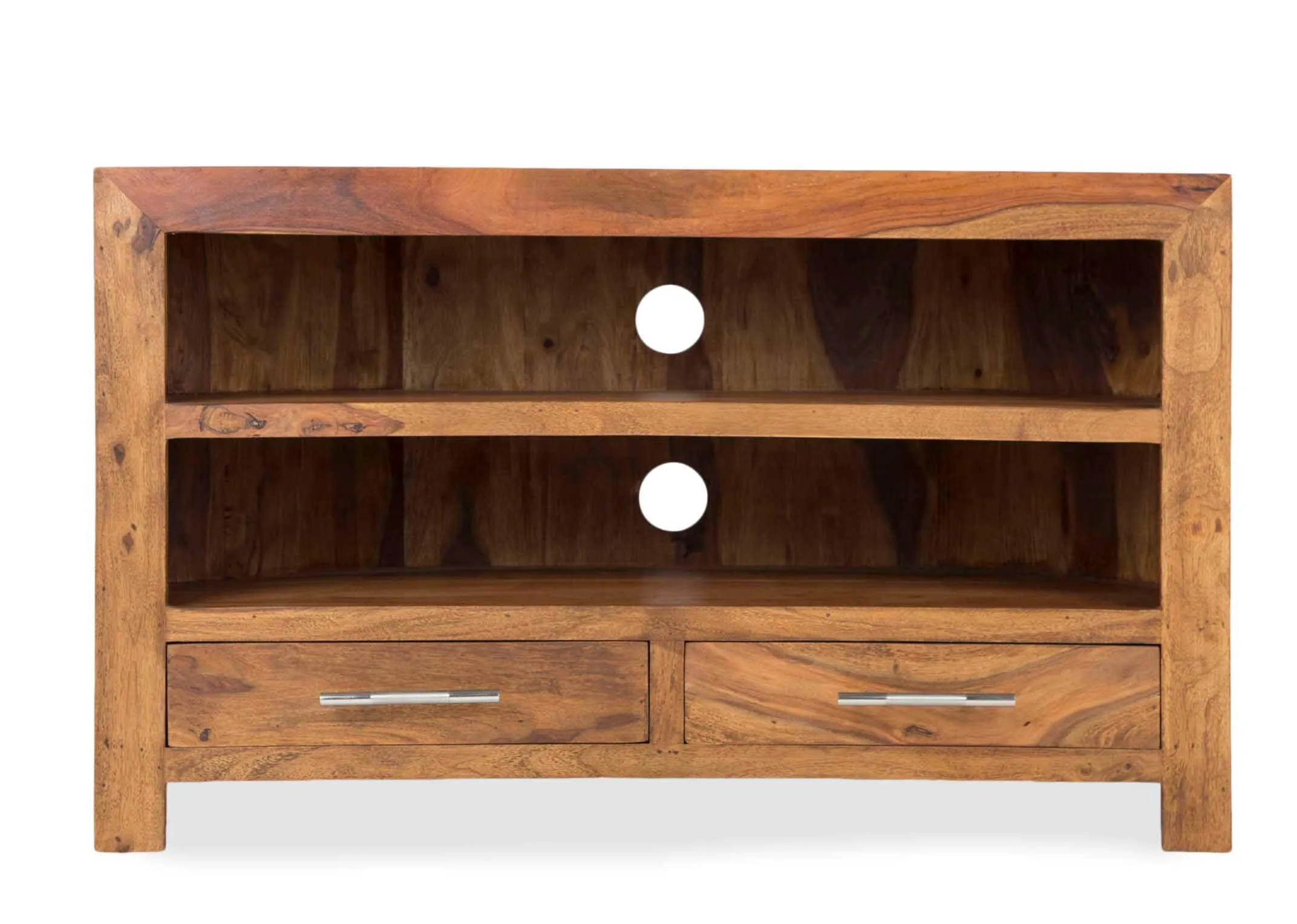 Front view of two-drawer sheesham wood TV corner unit India