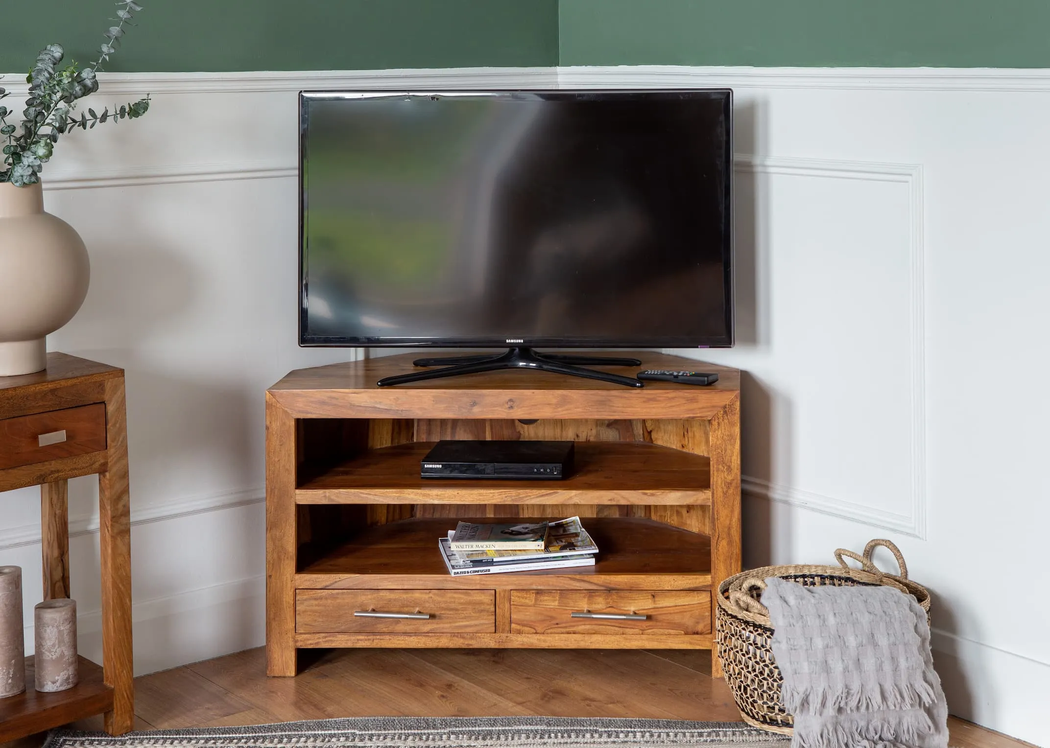 Two Drawer Sheesham Wood Corner TV Unit - India