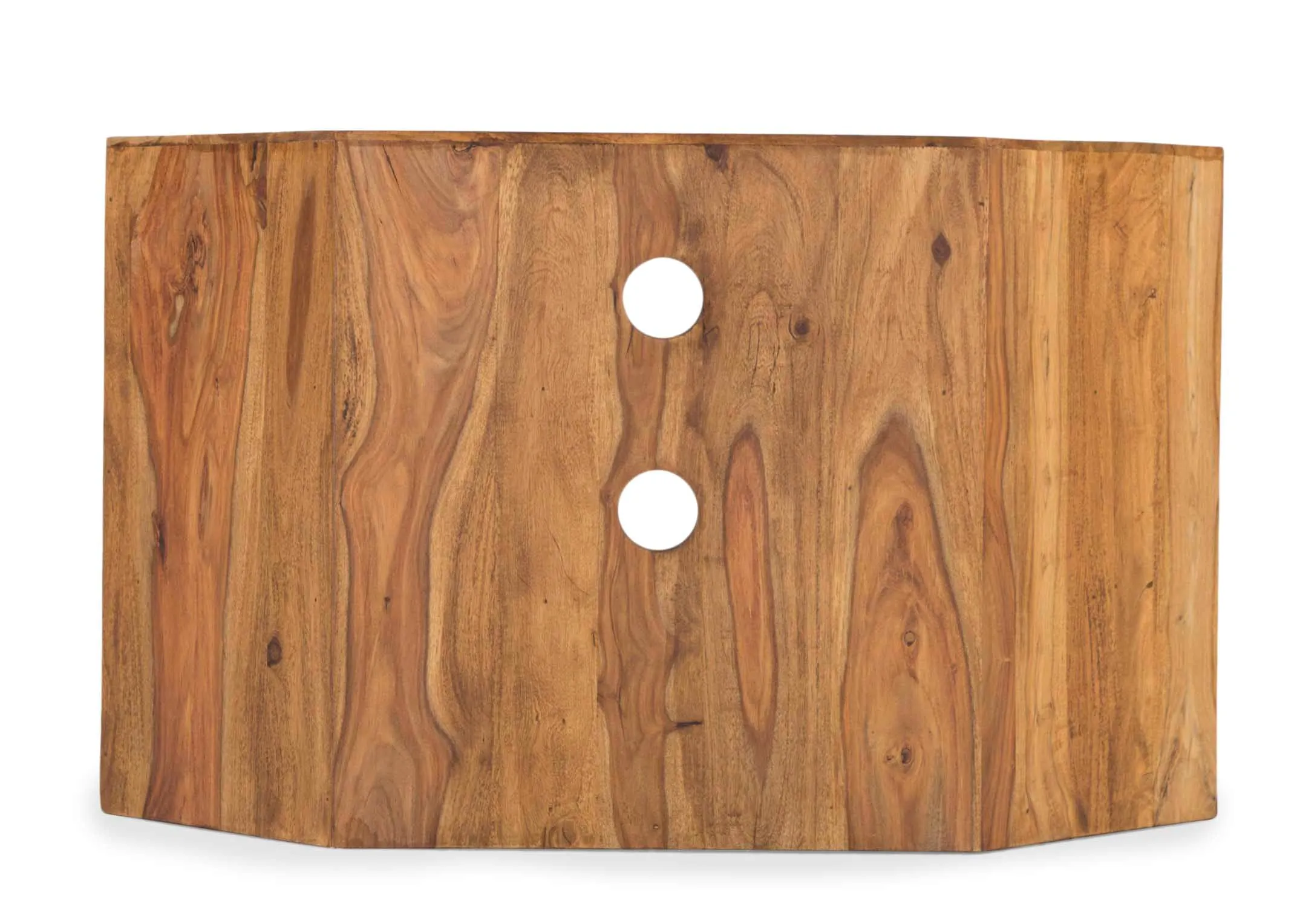 Back view of two-drawer sheesham wood TV corner unit India