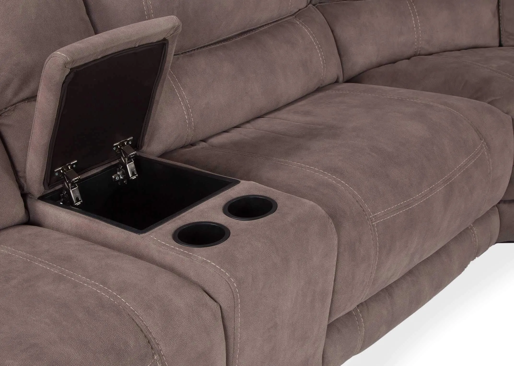 A lifestyle imange of the Baxter Large corner modular sofa with catalan tables and Tones of grey canvas.