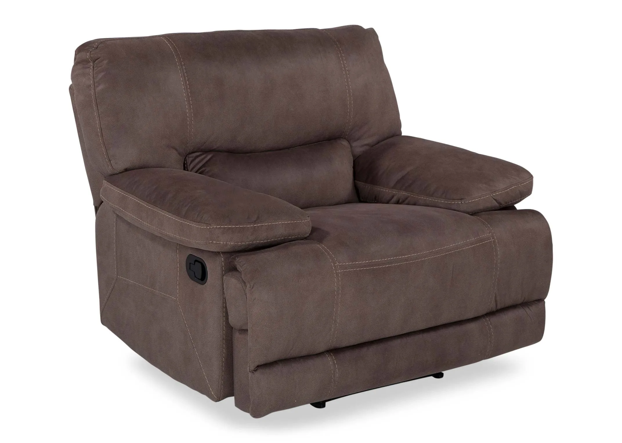 Angled view from front of the taupe fabric Baxter reclining armchair