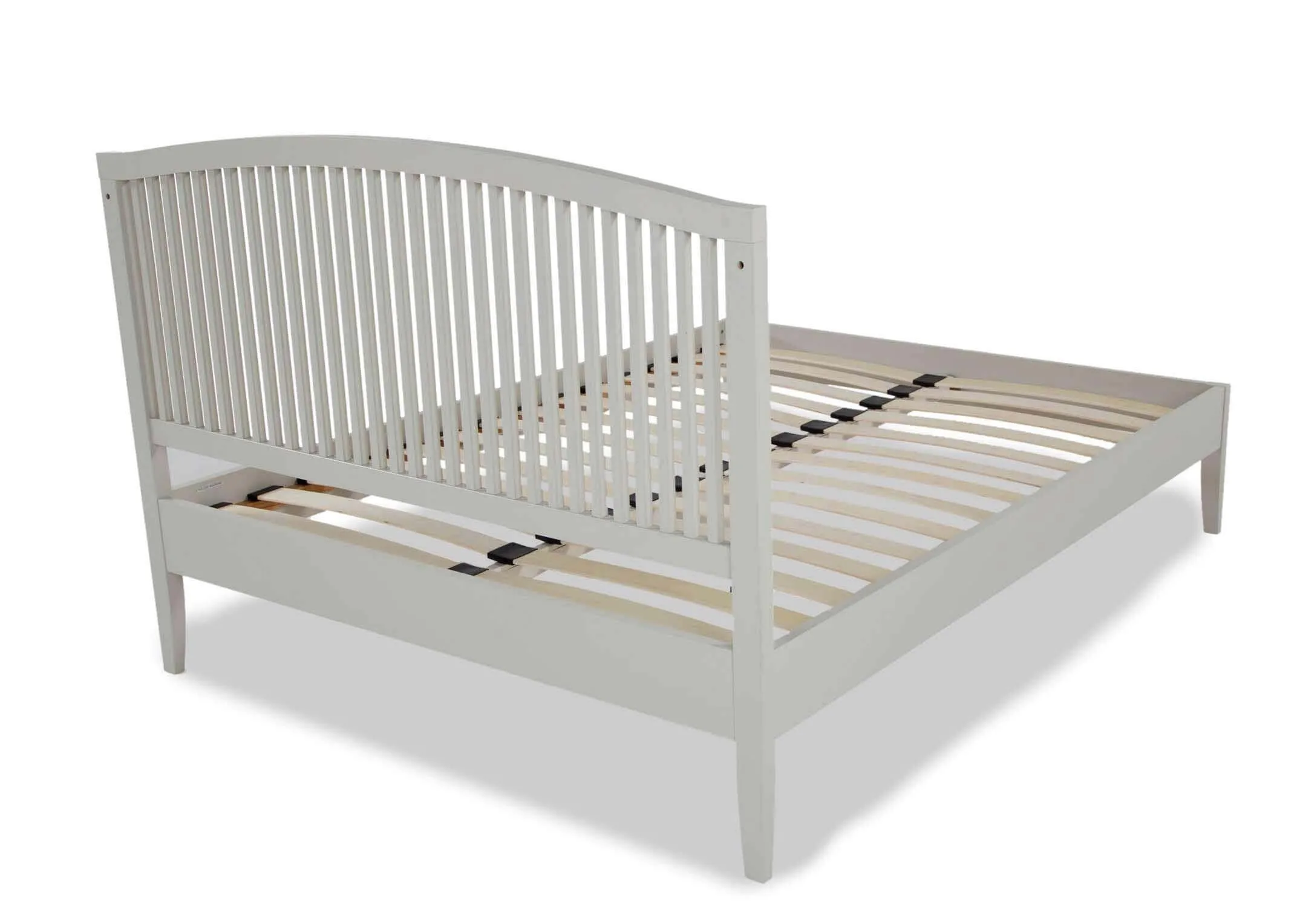 Angled shot from behind the chic Rivendale double 4 ft 6 grey bedframe showing the vertically slatted bedframe