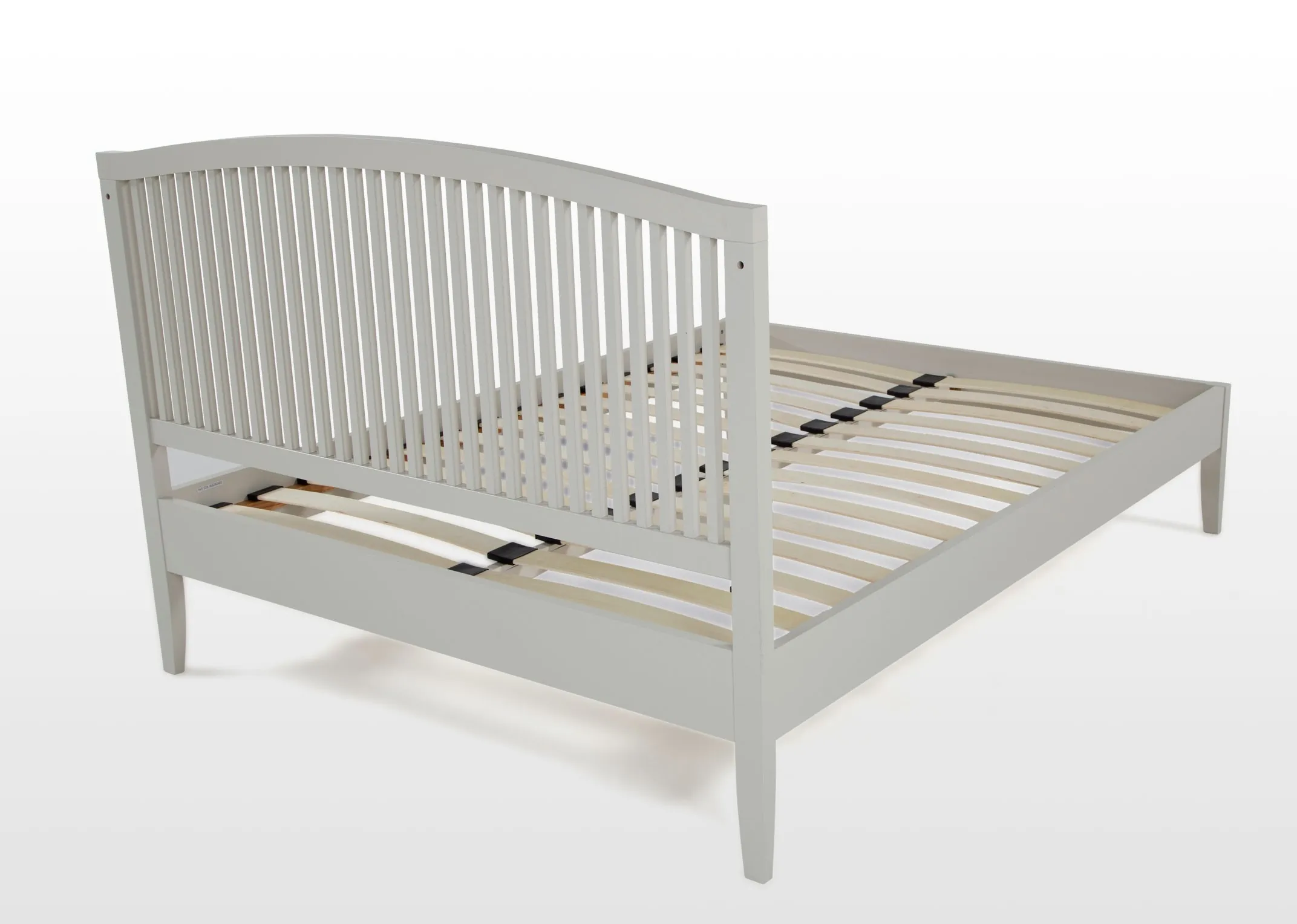 Full front view of the contemporary Rivendale king size 5 ft grey bedframe showing the front 2 legs and a mattress on the top