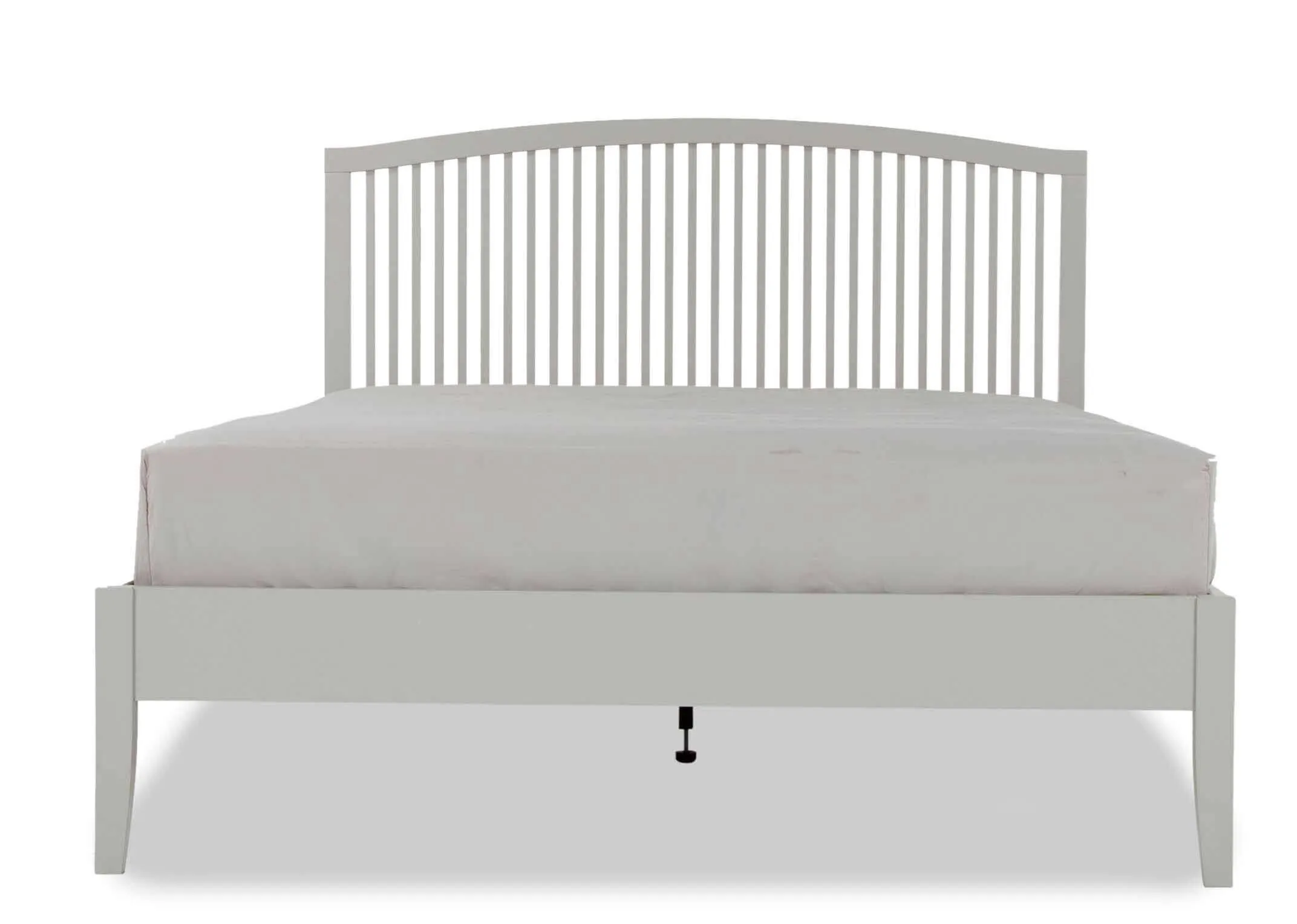 Full front view of the contemporary Rivendale king size 5 ft grey bedframe showing the front 2 legs and a mattress on the top