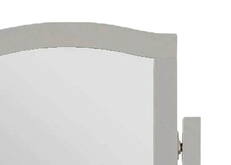 Detailed close-up view of the Rivendale grey mirror showing the curved top of the frame and side support with a metal hinge