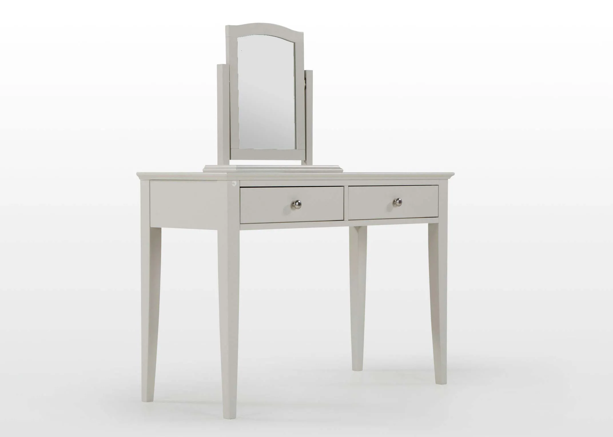A lifestyle image of the Rivendale Grey Vanity mirror with matching dresser & bedframe