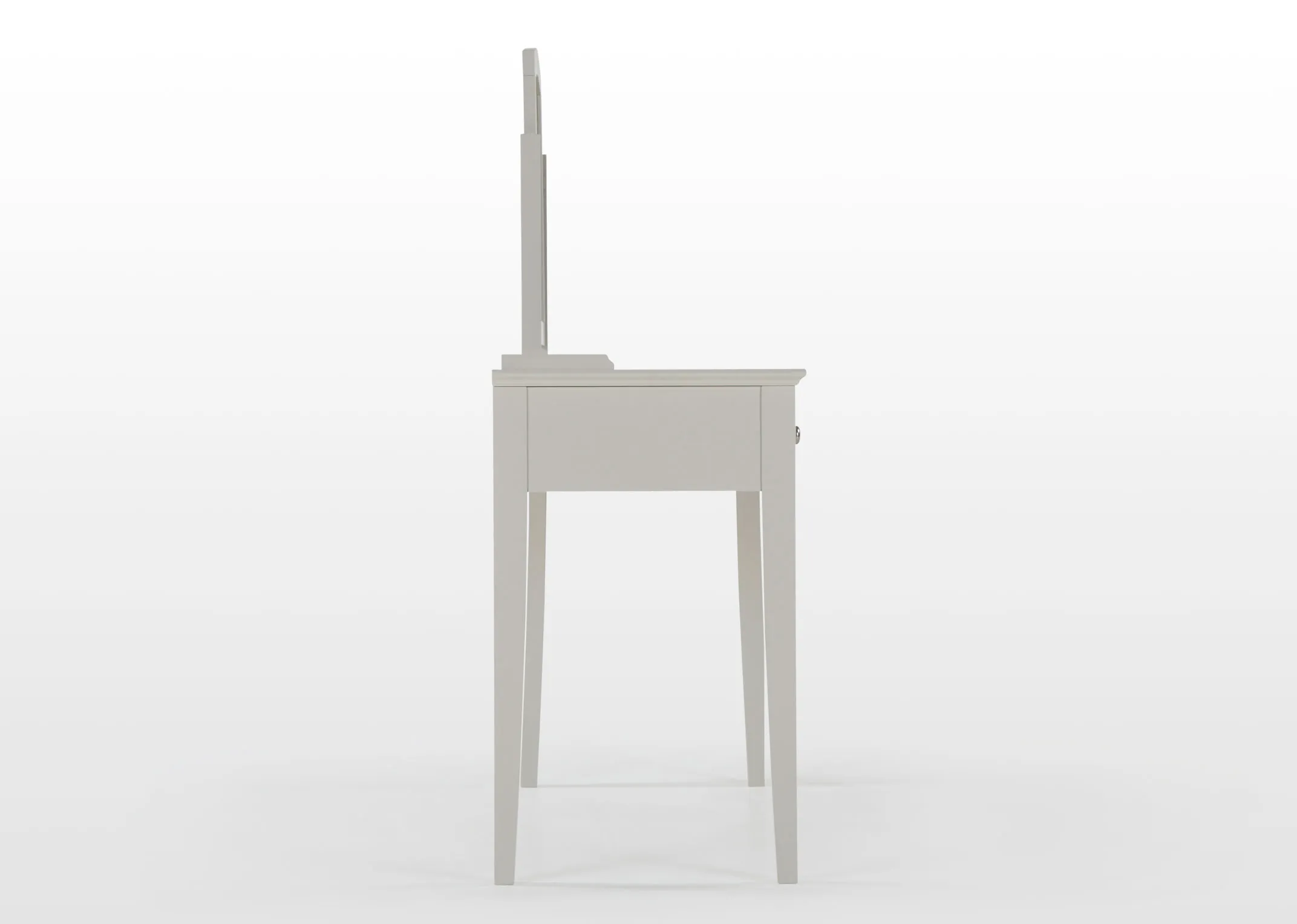 Full side view of the Rivendale grey mirror with an accompanying dresser table with four sturdy legs