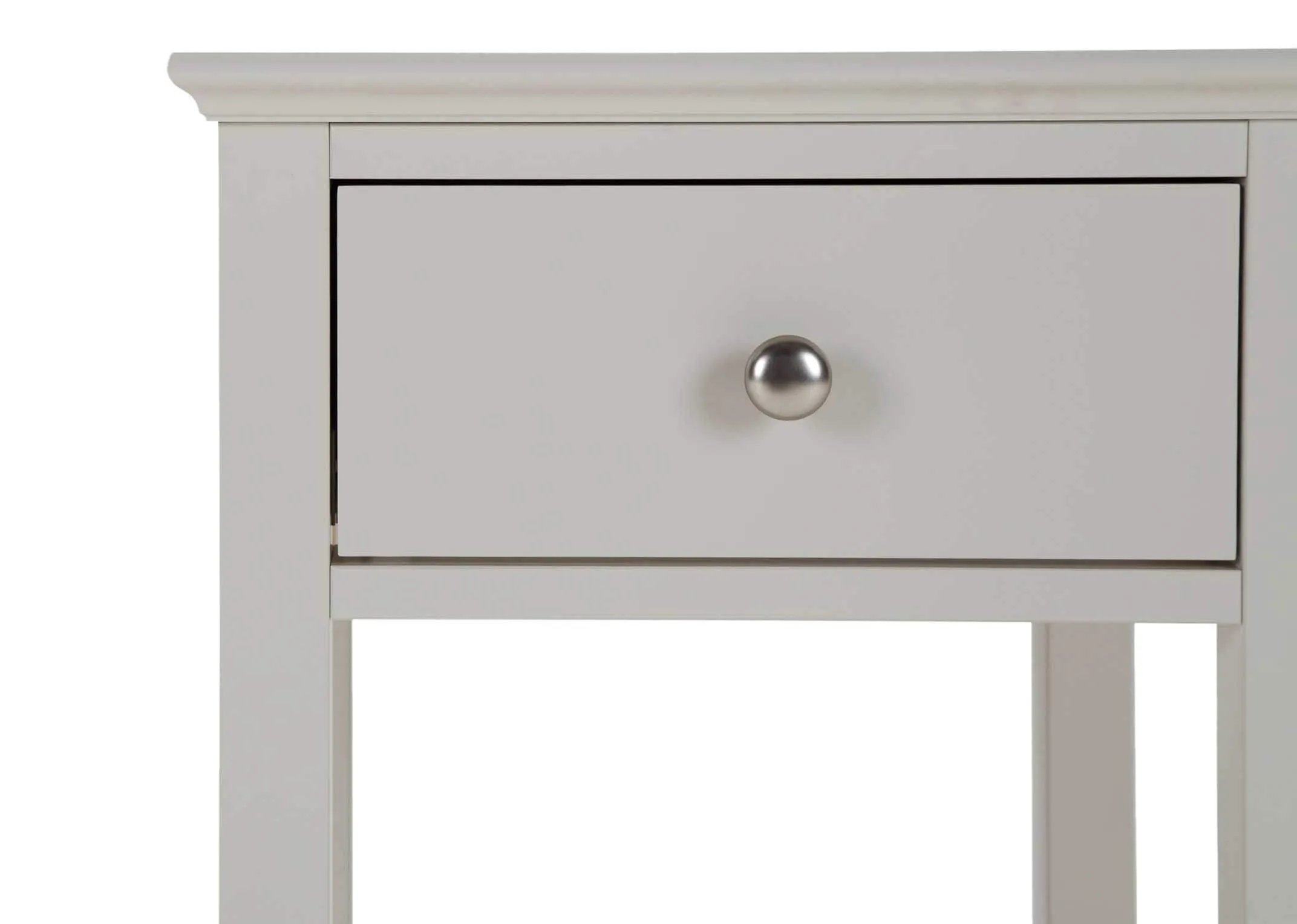Full front view of the Rivendale bedside locker finished in a stylish grey and featuring a shelf
