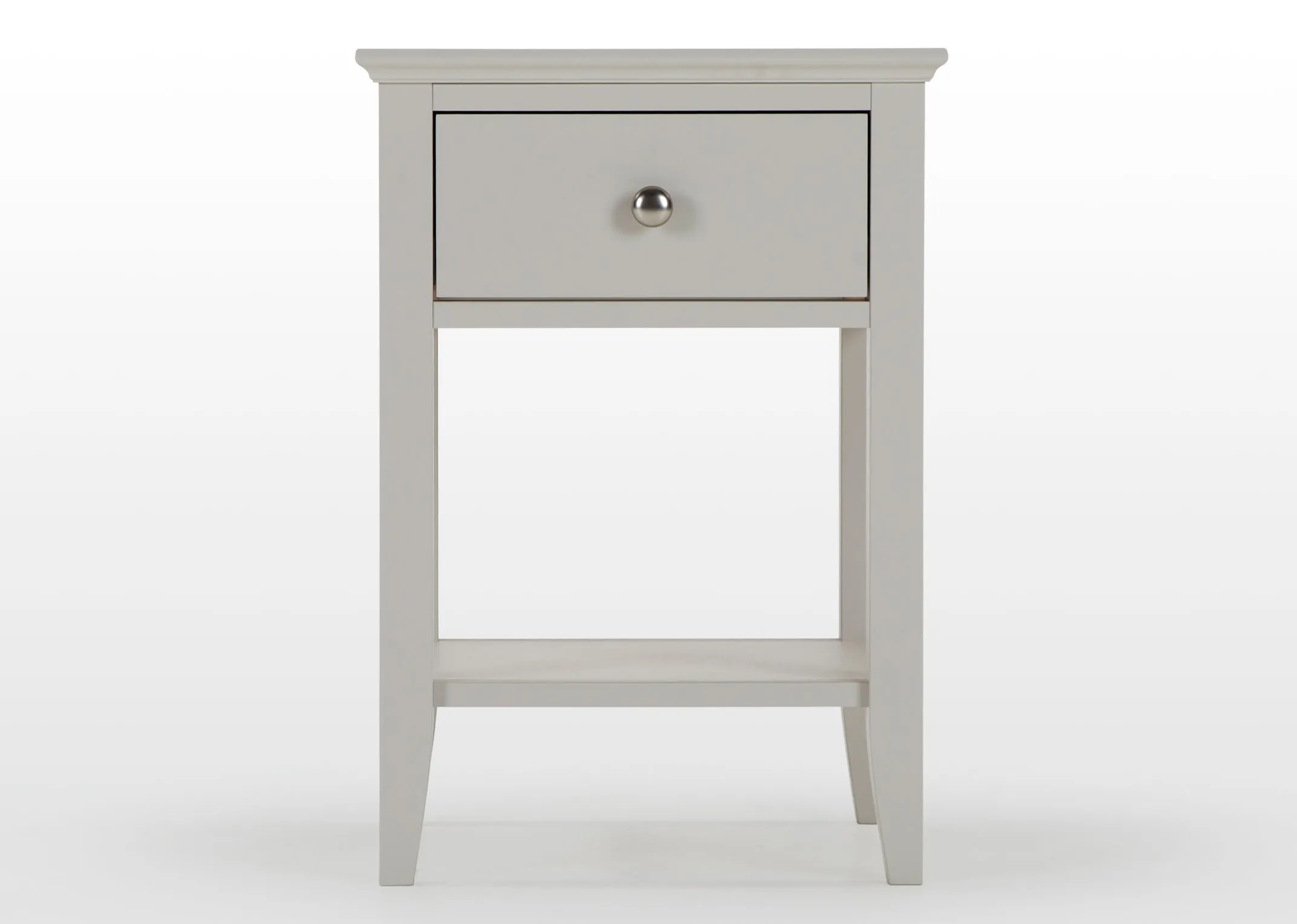 Full front view of the Rivendale bedside locker finished in a stylish grey and featuring a shelf