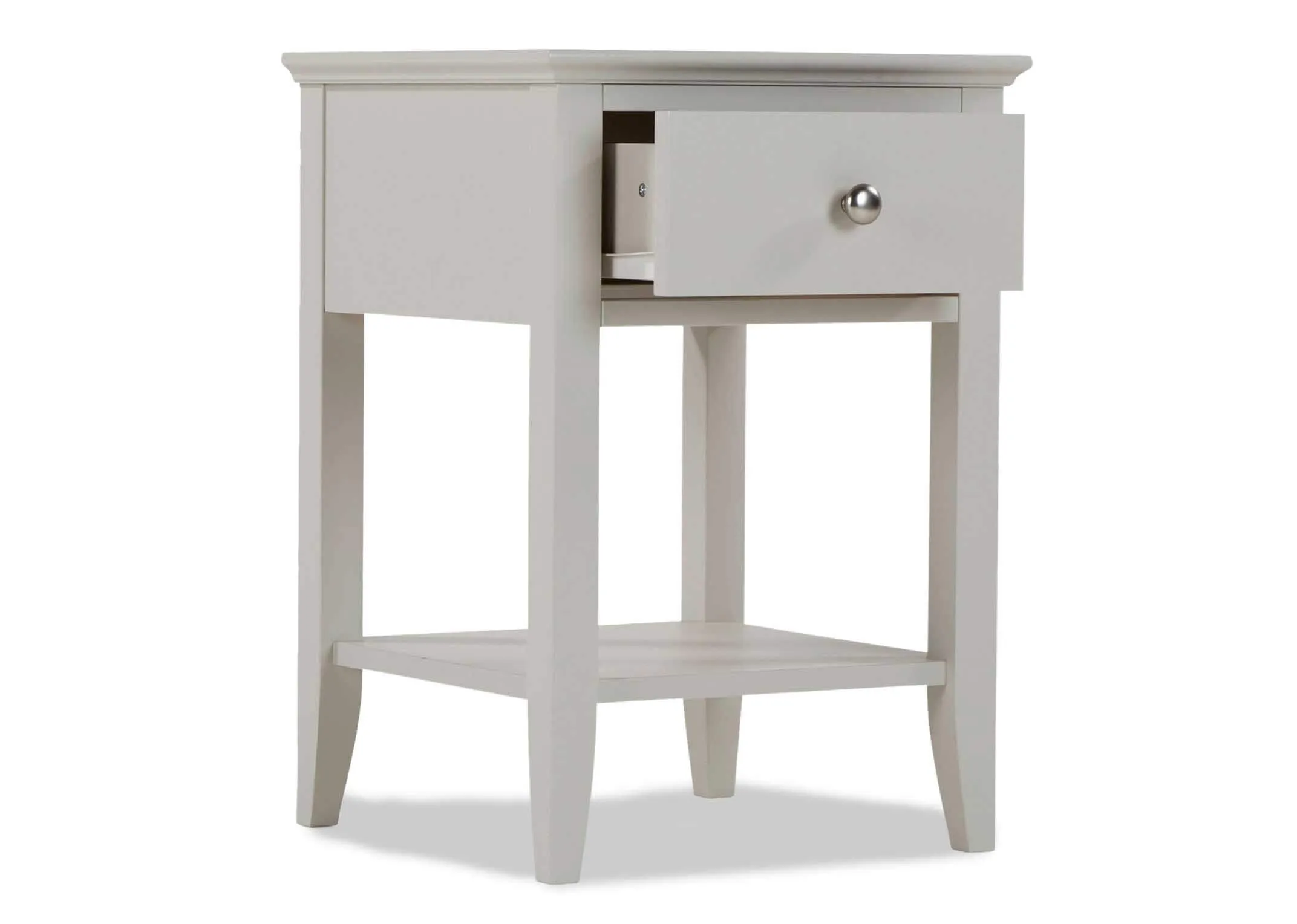 Full side view of the Rivendale one drawer bedside locker showing the sturdy legs and the metal drawer handle