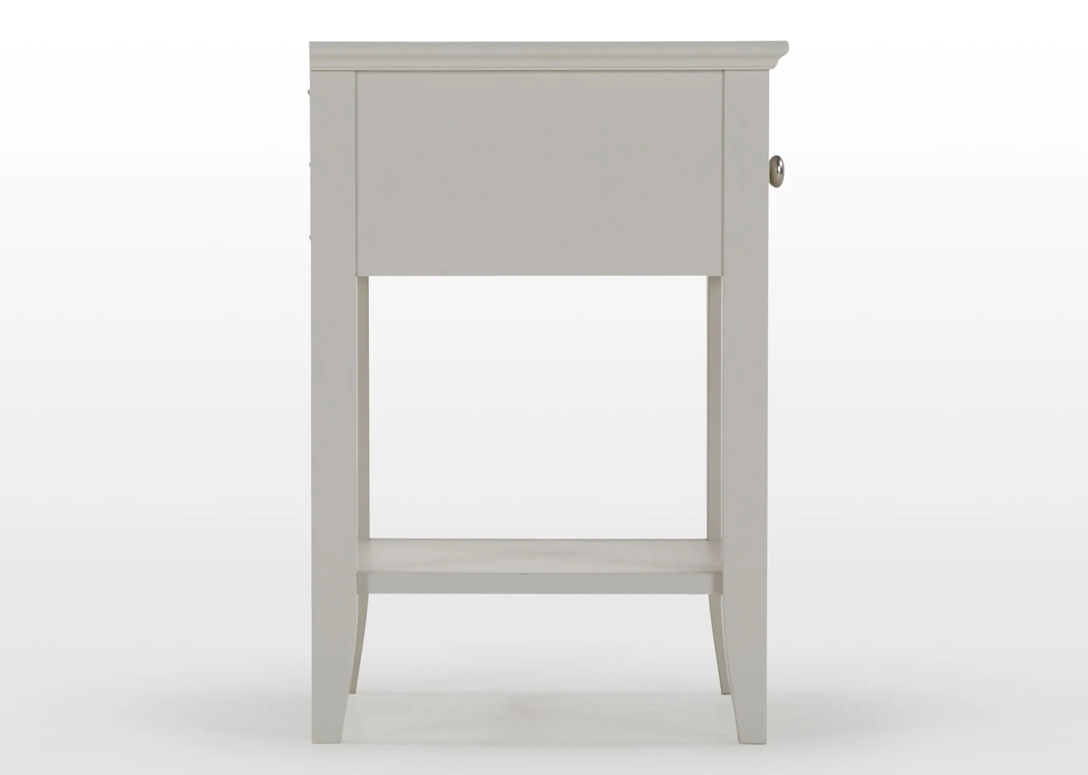 Full side view of the Rivendale one drawer bedside locker showing the sturdy legs and the metal drawer handle