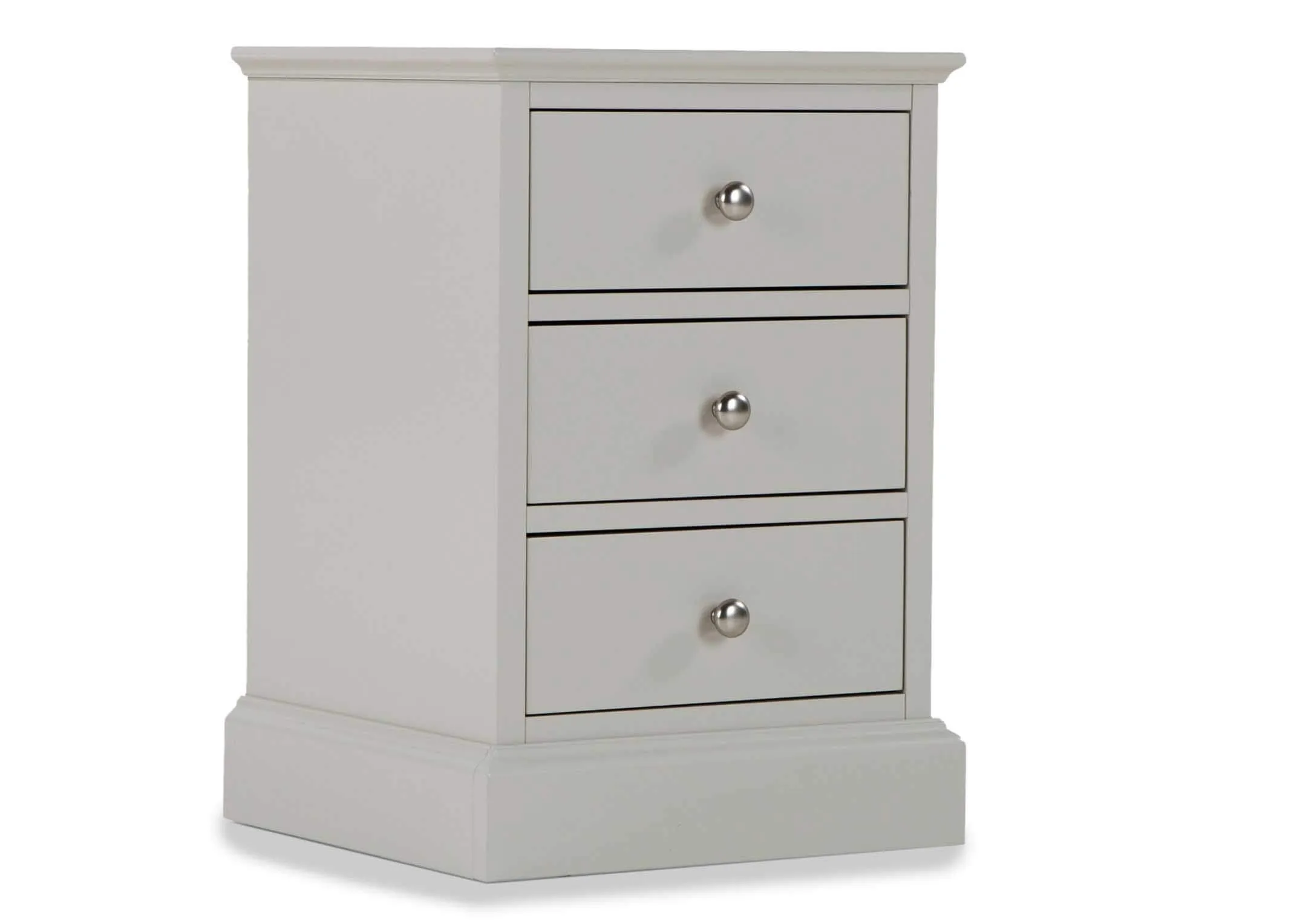 Angled shot of the Rivendale three drawer bedside locker finished in a stylish grey with three circular metal handles