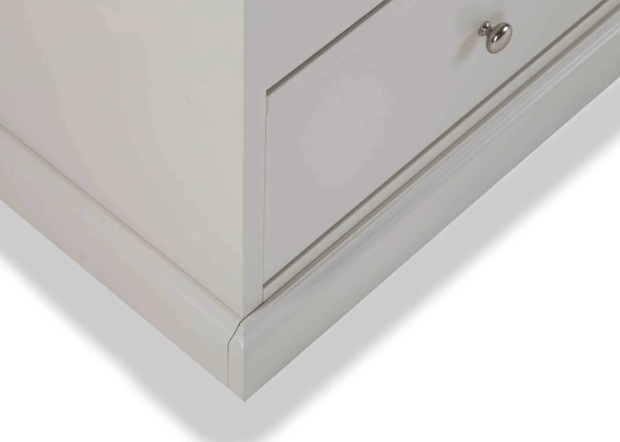 Detailed close-up view of the Rivendale bedside painted grey locker showing the circular metal handles