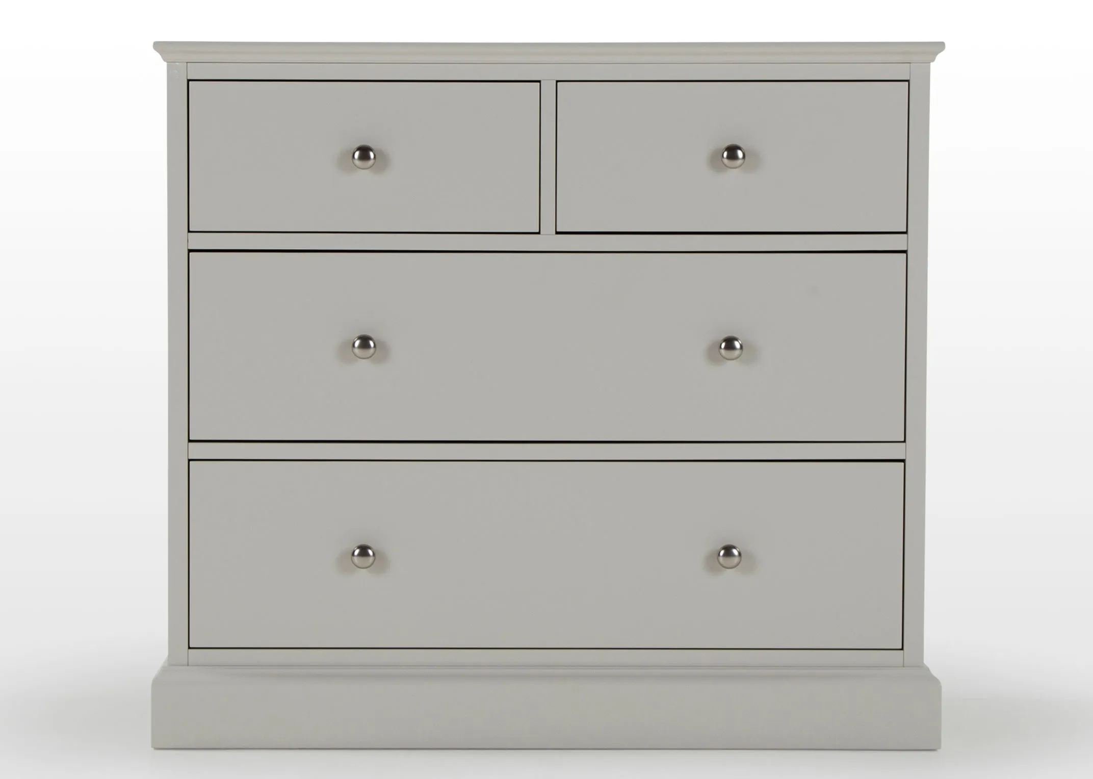 Full front view of the Rivendale four drawer grey chest of drawers showing the subtle detailing around the bottom