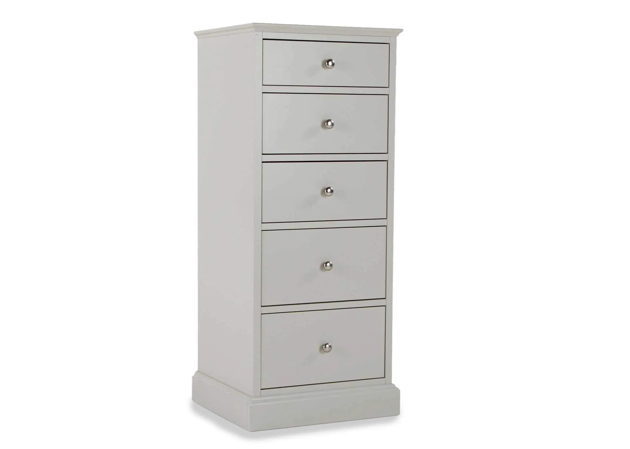 Angled shot of the Rivendale five drawer tallboy chest of drawers showing the five drawers with small circular metal handles