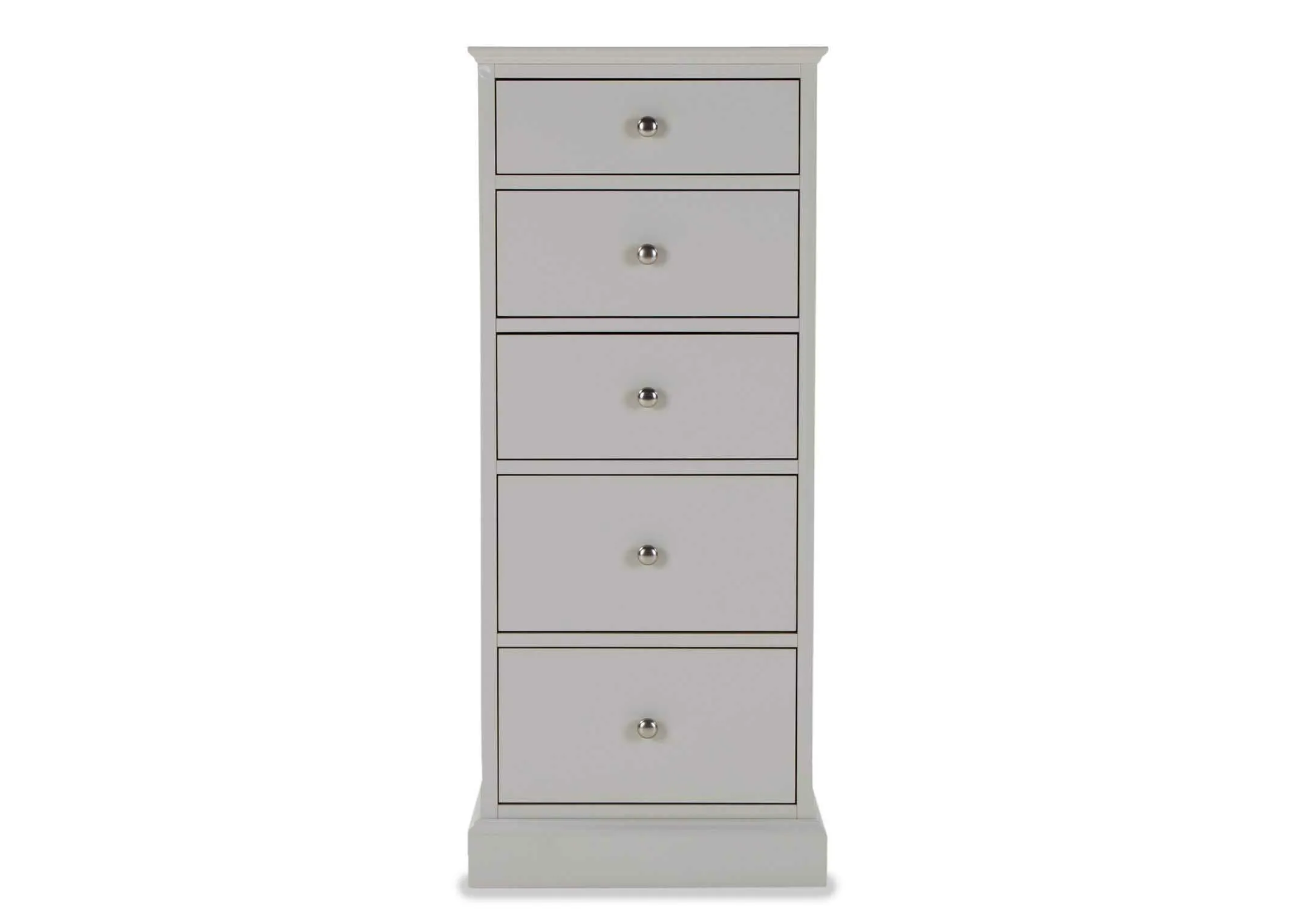 Full front view of the Rivendale five drawer tallboy style chest of drawers finished with grey paint