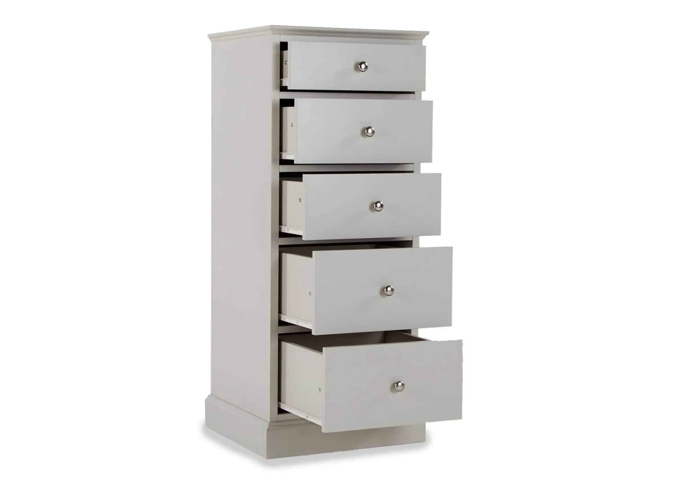 Angled shot of the Rivendale 5 drawer tallboy chest of drawers showing each of the drawers in an open position