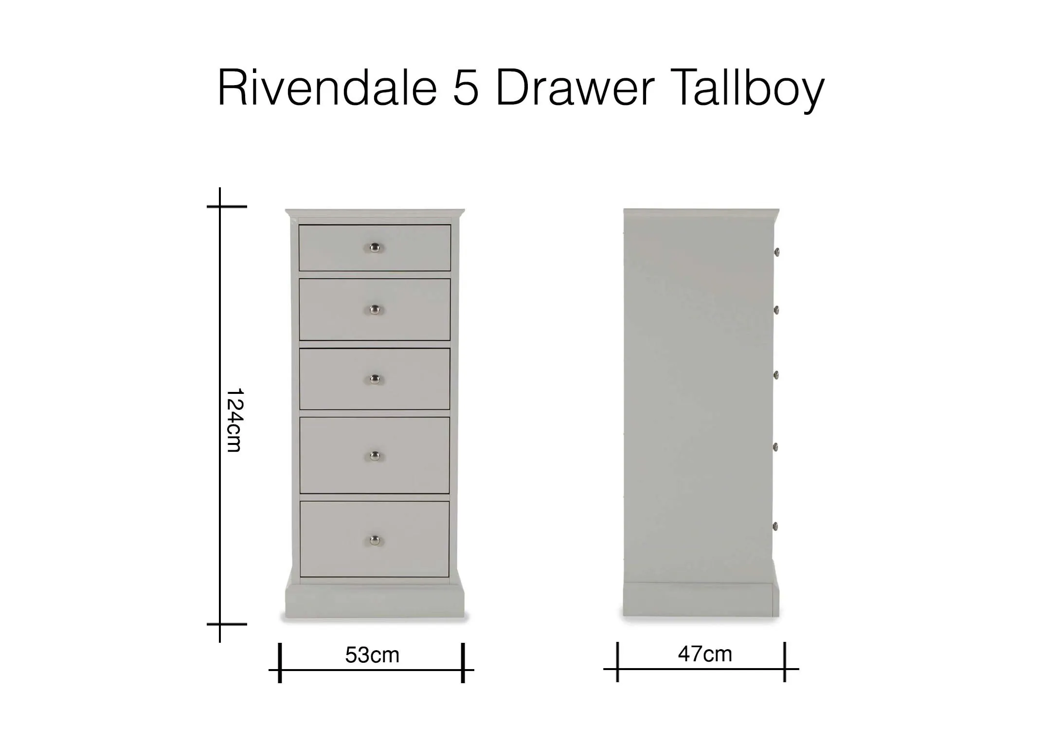 Rivendale 5 drawer tallboy chest of grey drawers 124cm (Height) x 53cm (Width) x 47cm (Depth)