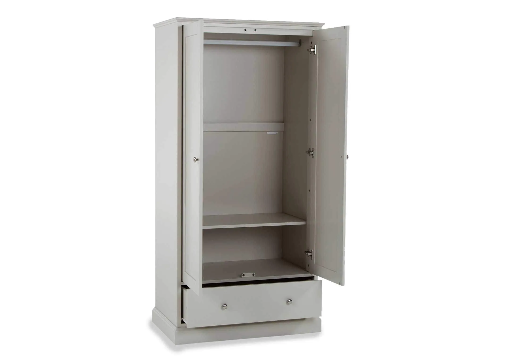 Angled shot of the Rivendale two door one drawer grey wardrobe showing the doors and drawer in an open position