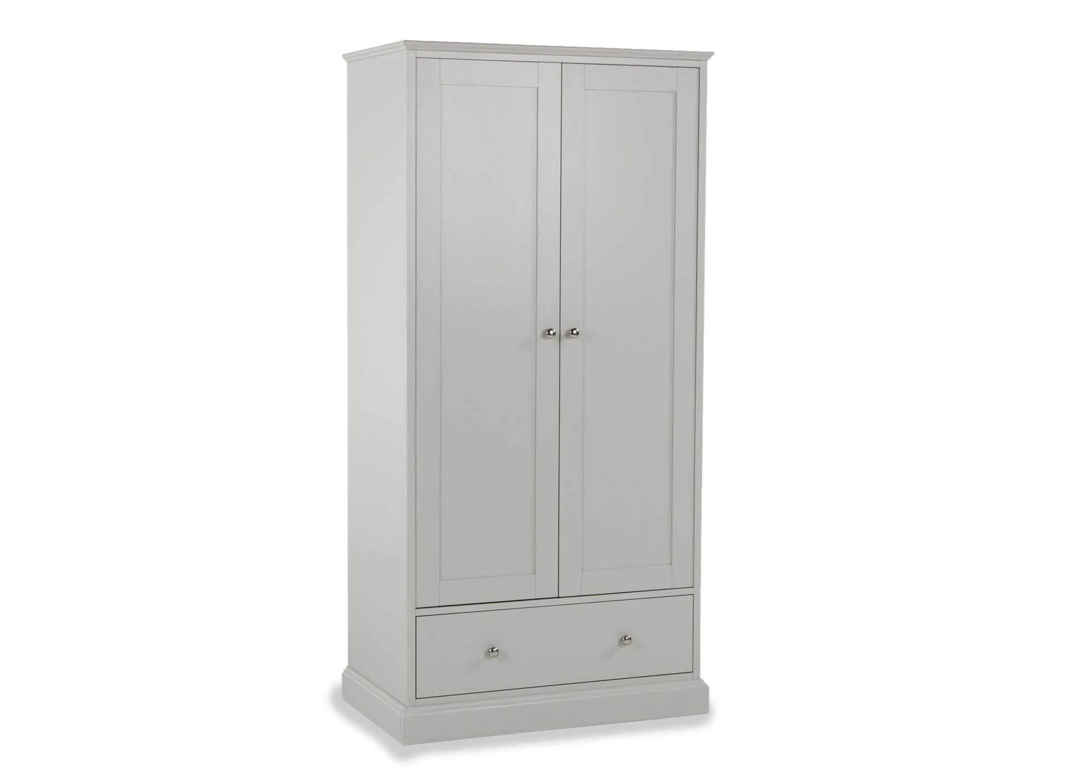 Angled shot of the Rivendale two door one drawer wardrobe finished in a stylish grey with small circular metal handles