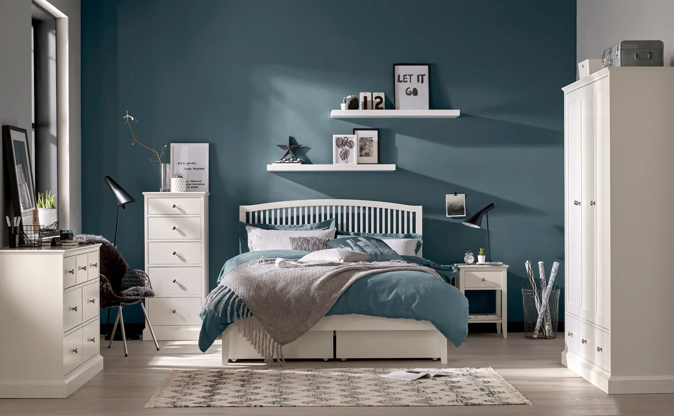 Lifestyle shot of a bedroom setting with a number of Rivendale furniture with a purple theme