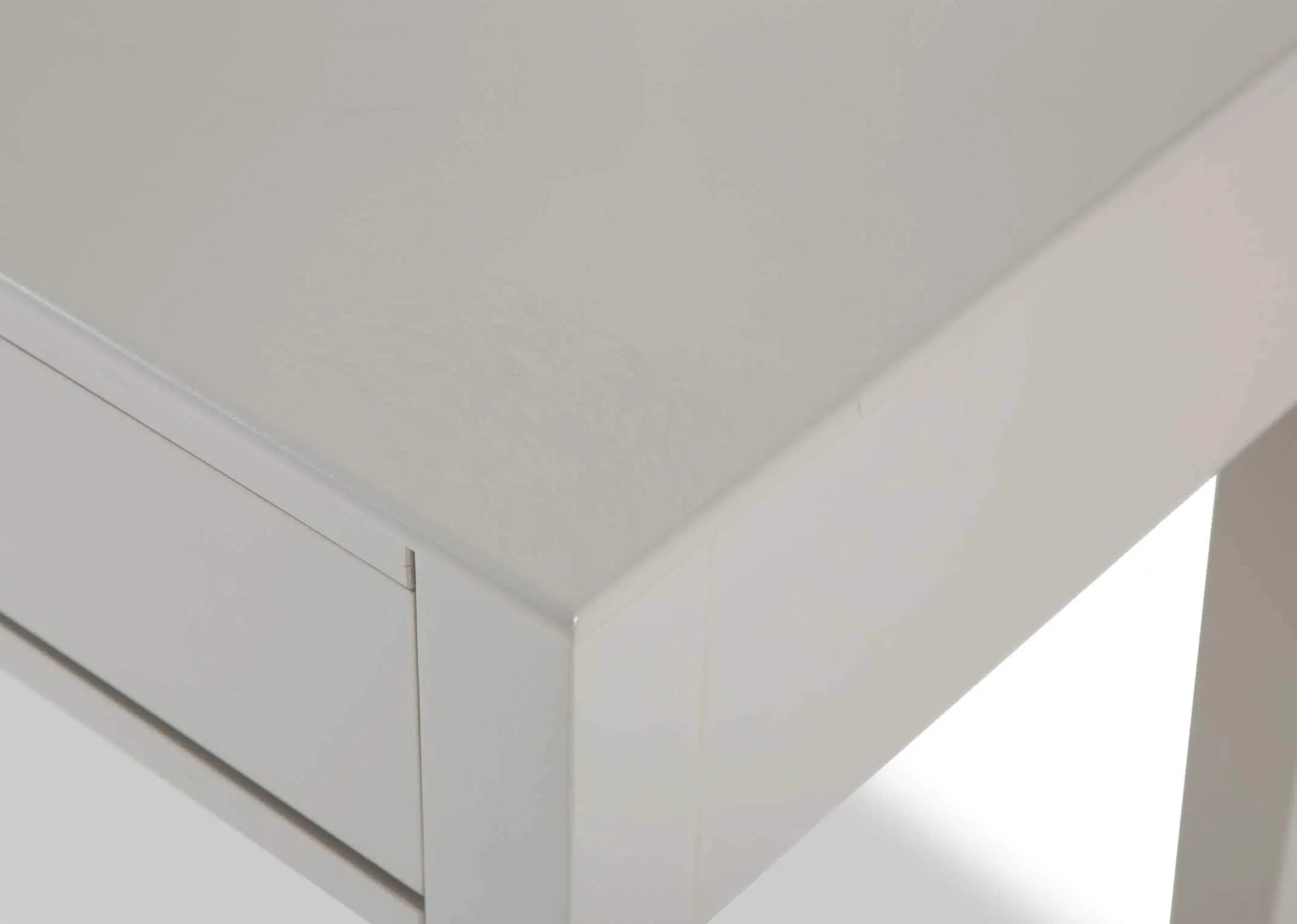 Detailed close-up top-down view of the Rivendale grey dresser table with two drawers featuring circular metal handles
