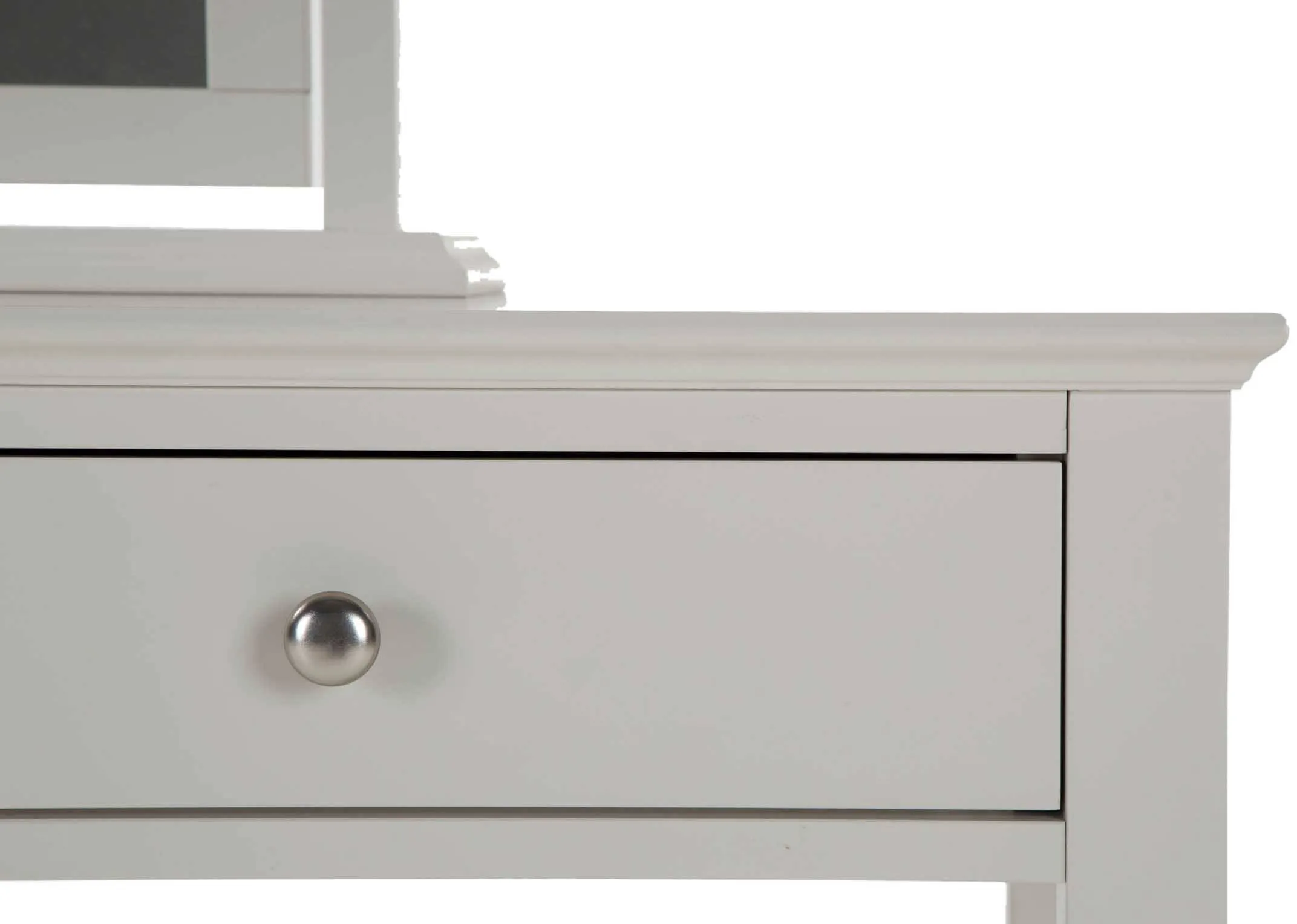 Detailed close-up of the Rivendale two drawer dresser table showing one of the drawers with a small circular metal handle
