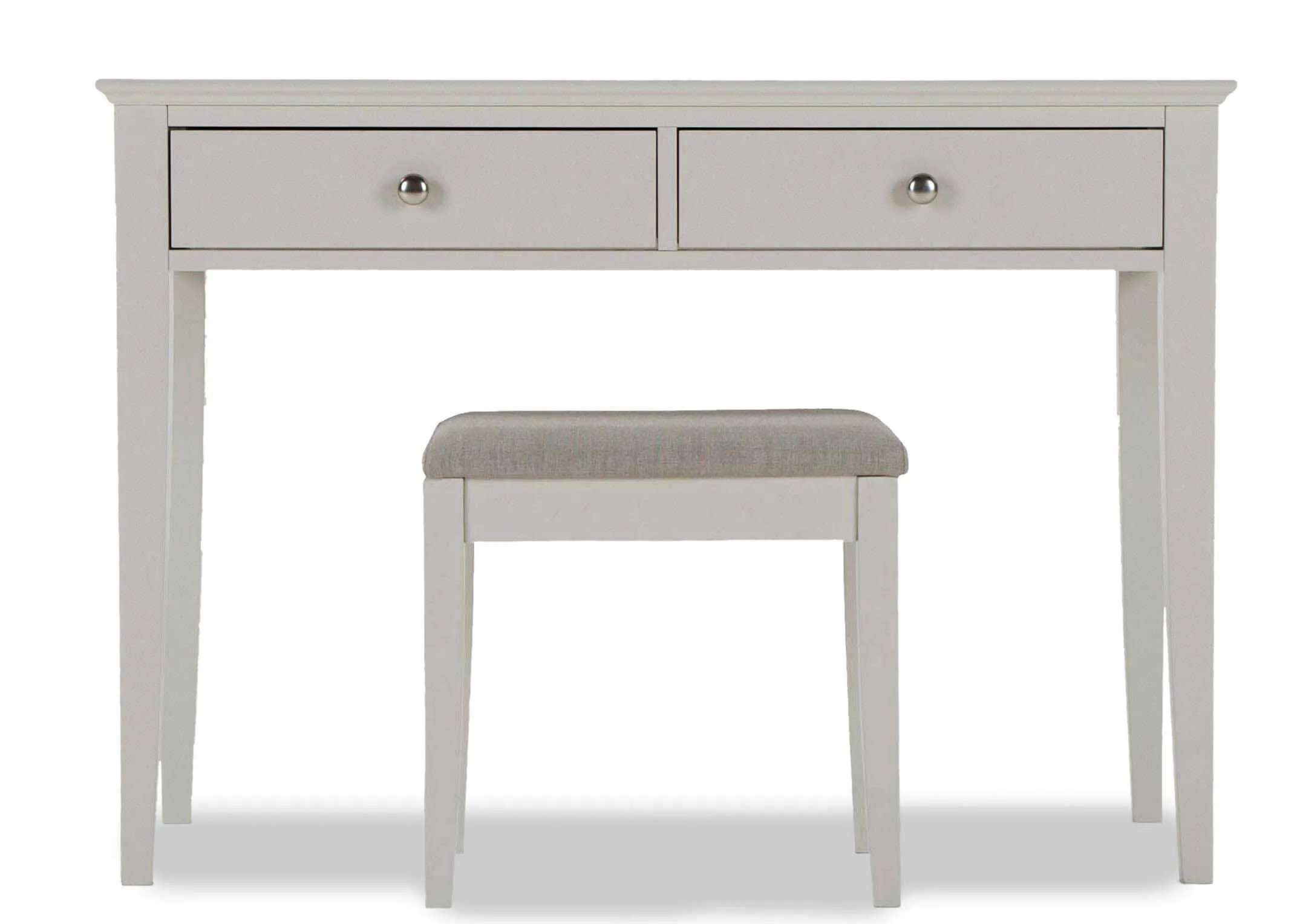 Full front view of the Rivendale two drawer dresser set showing both of the drawers and a stylish fabric and wooden stool