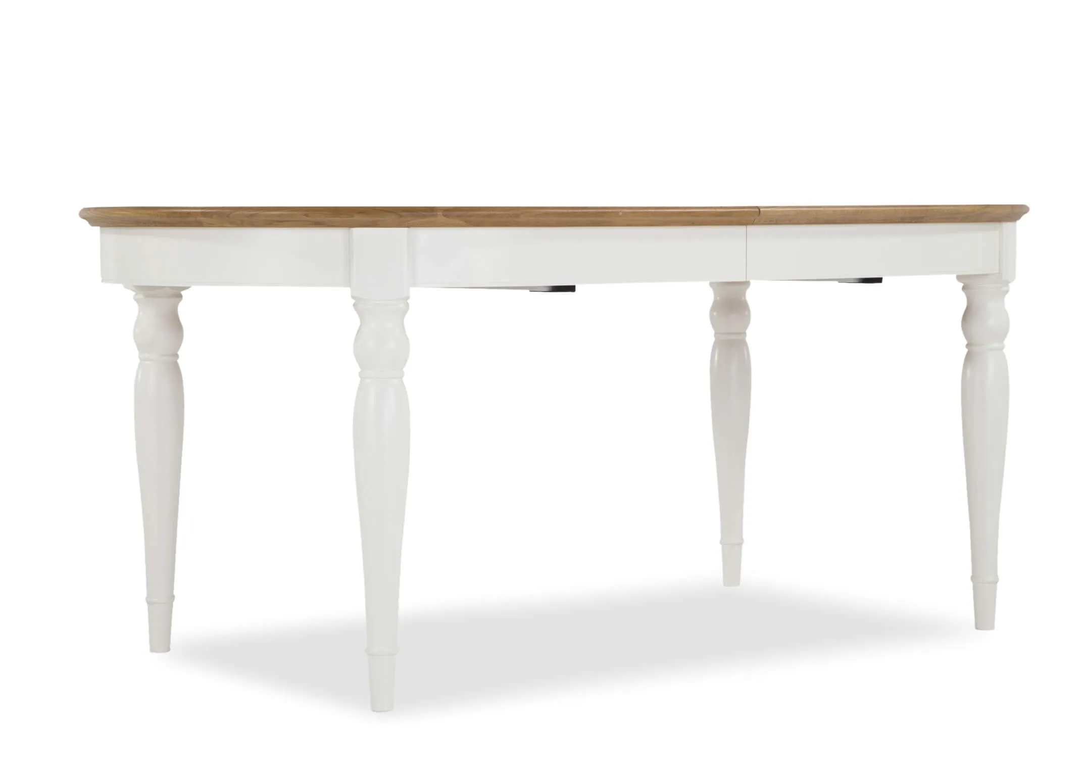 View from front side-angle of the 6 foot ivory oak oval-shaped extendable Versailles dining table
