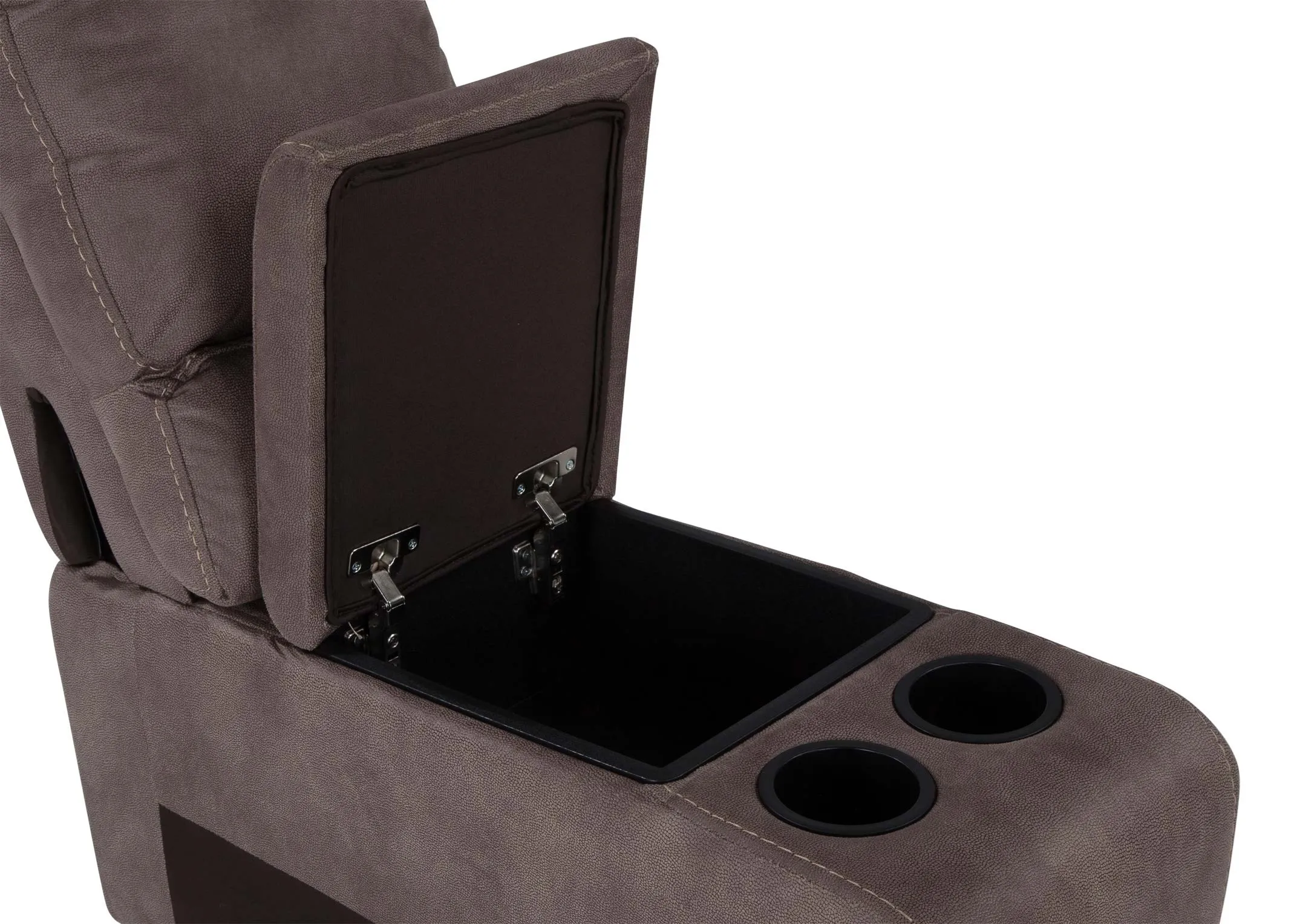 A close up of the two drink holders and secret compartment on the Baxter taupe fabric drinks holder.