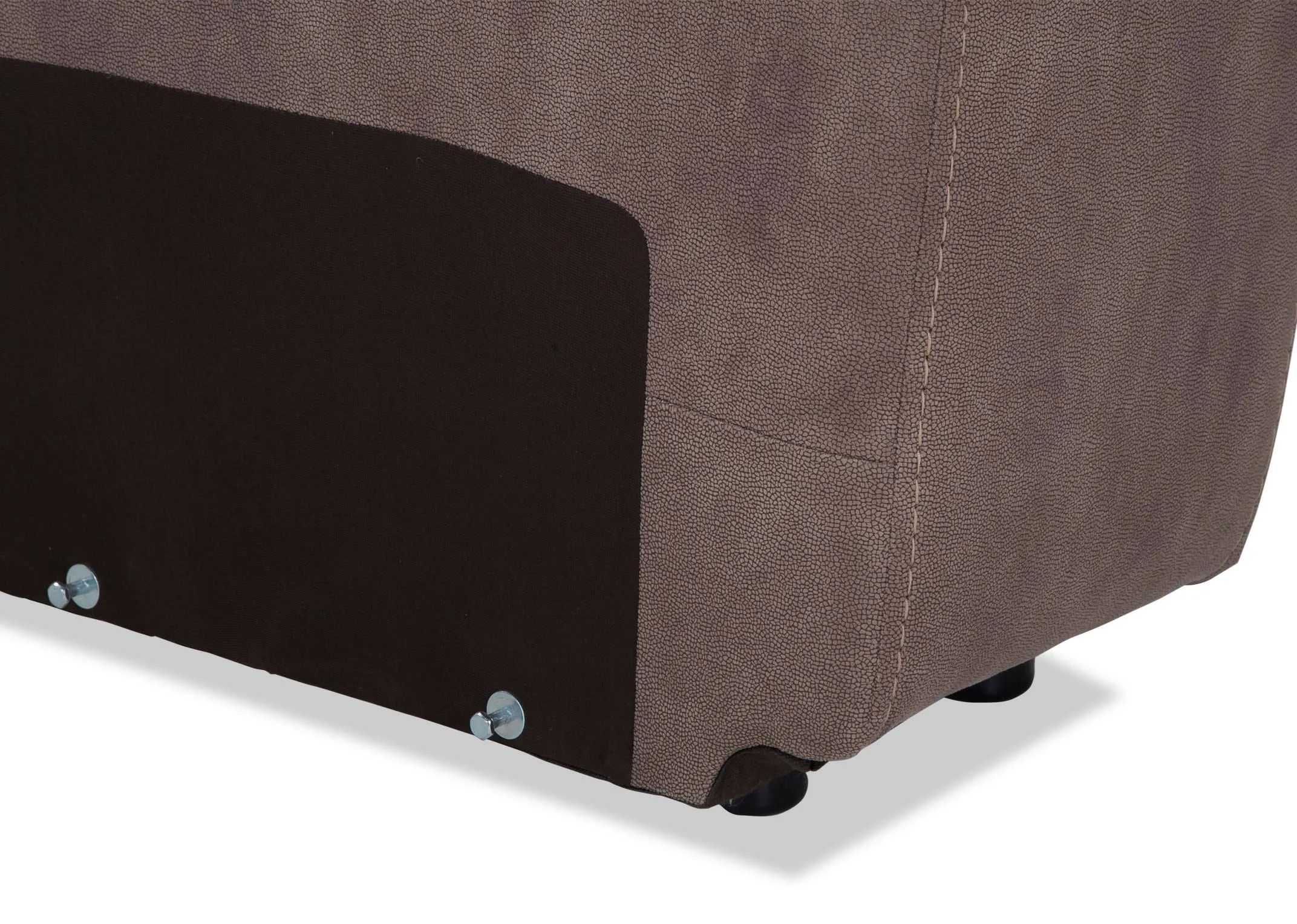 A close up of the studs on the bottom of the Baxter taupe fabric drinks holder.