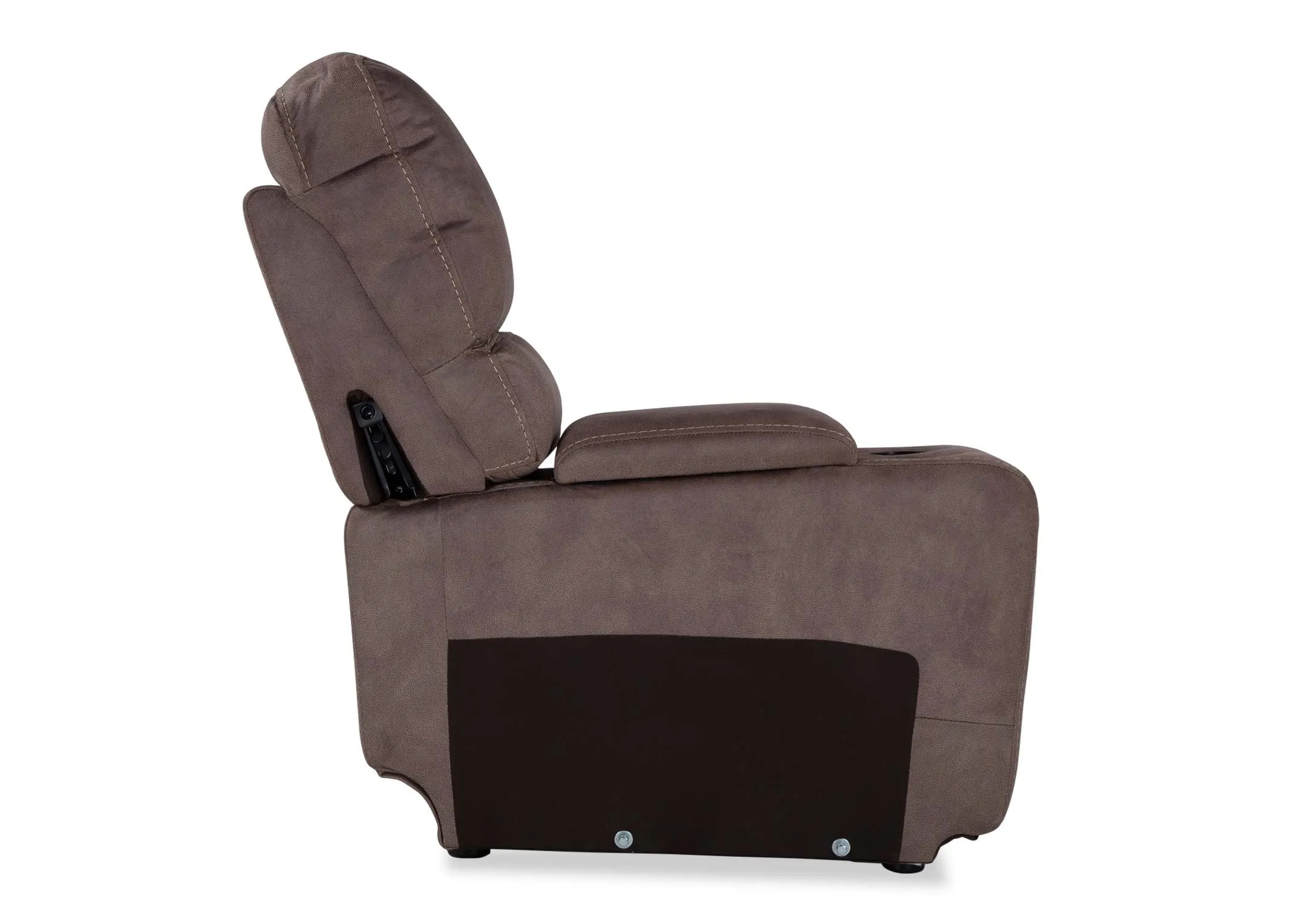 A view of the side of the Baxter taupe fabric drinks holder.