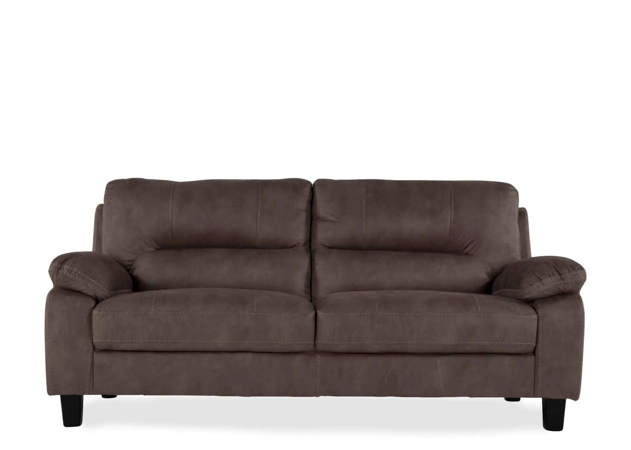 Full front view of the Nikita 2 seater brown fabric sofa with minimal wooden feet