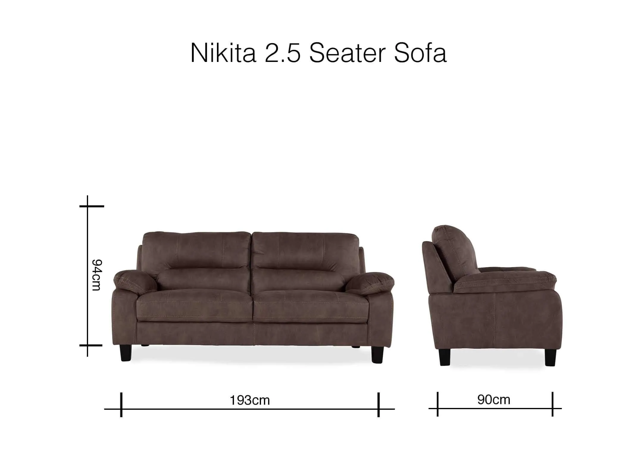 A dimension image for the Nikita 2.5 seater sofa 94cm (Height) x 193cm (Width) x 90cm (Depth)
