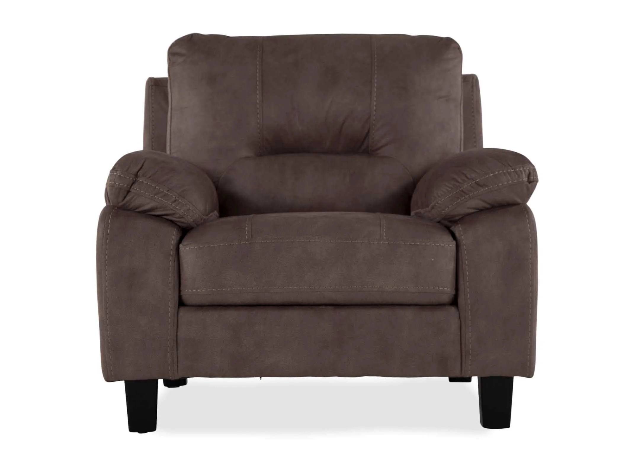 A view from the front showing the brown fabric Nikita armchair.