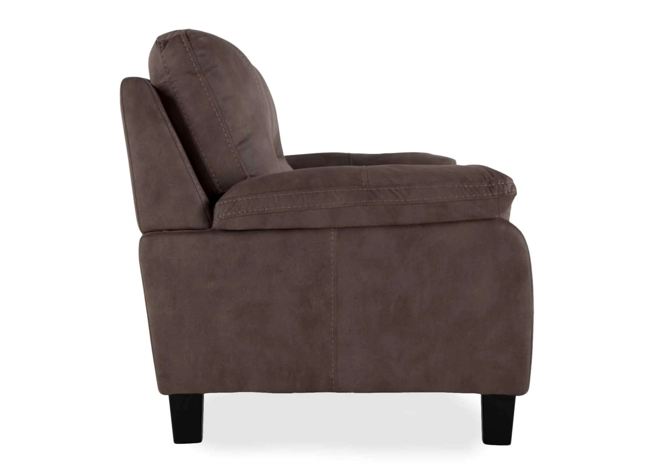 A view from the side of the Nikita brown faric armachair.