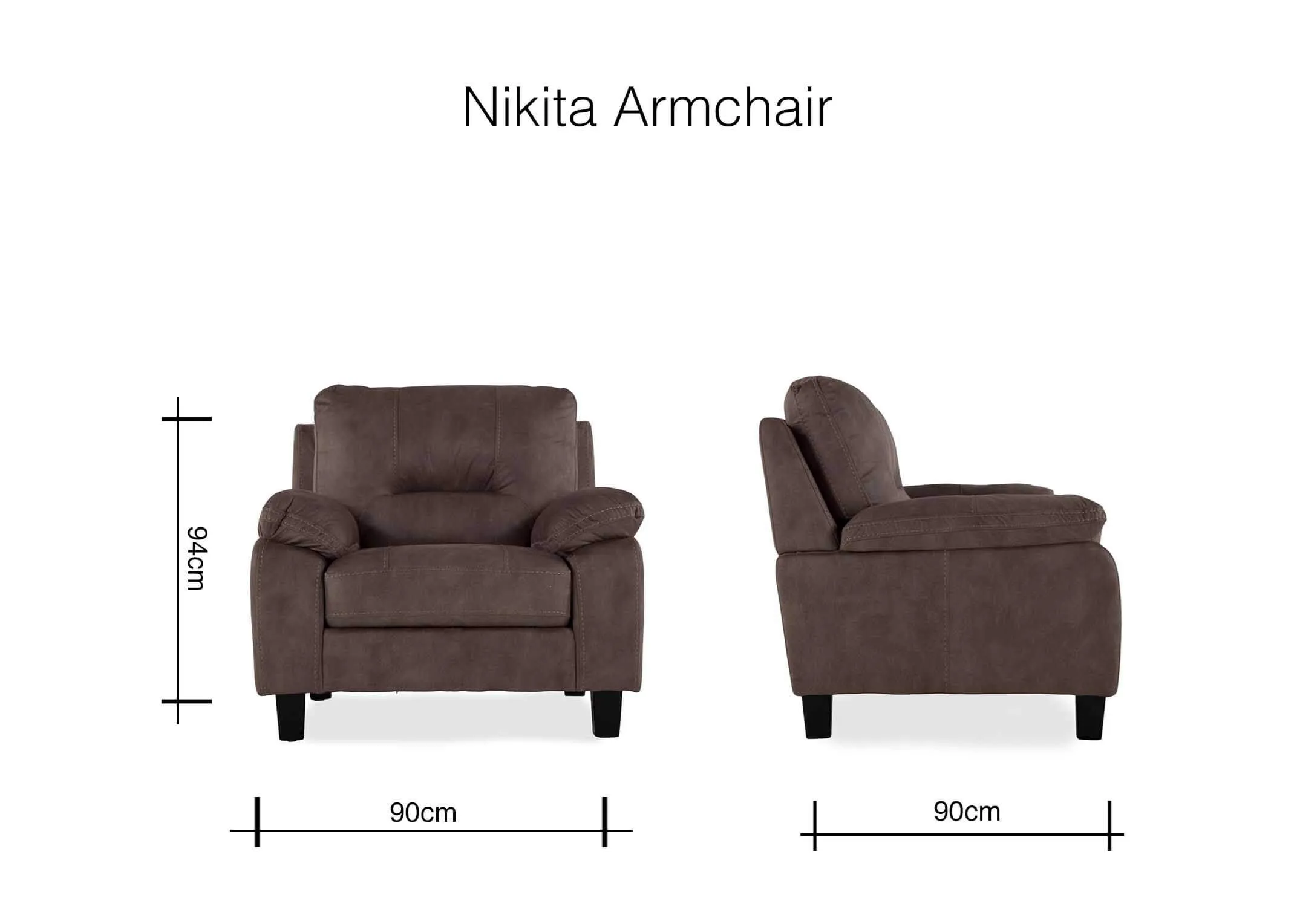 A dimension image for the Nikita brown fabric armchair 94cm (Height) 90cm (Width) x 90cm (Depth)