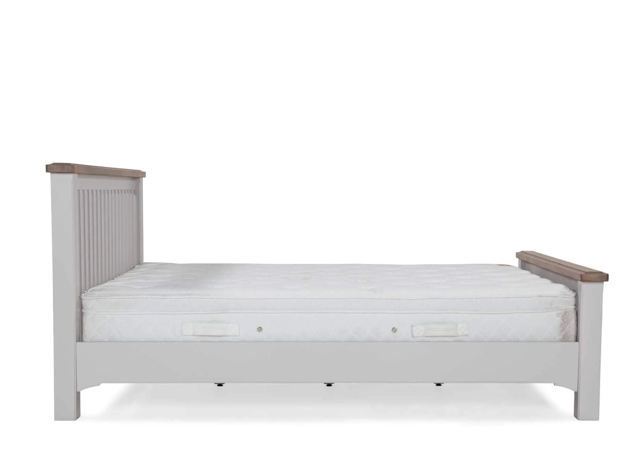 Front view of double 4 feet 6 inch grey oak bed frame with light brown ending Georgia